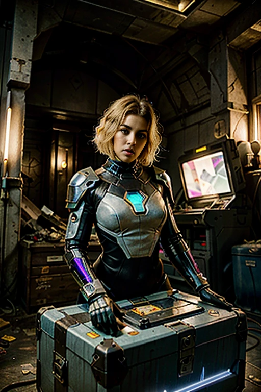 (best quality,4k,8k,highres,masterpiece:1.37), ultra-detailed, (realistic,photorealistic,photo-realistic:1.5), pixel art, (aerial view), (top down perspective), beautiful, cyberfusion, (the focal point is one woman pulling a video game cartridge out of a futuristic artifact chest full of retro video game cartridges:1.6), (the woman is looking down:1.5), (Futuristic artifact box), (The woman is looking inside the artifact box:1.6), (the artifact box is open), (The scene unfolds inside a mystical cavern:1.4), mecha, (The woman is wearing a high-tech black and blue metal cyberpunk bodysuit:1.37), (dynamic angle:1.4), (The woman has short blonde hair:1.6), (fantasy and sci-fi mixed:1.5), holographic glitch effects floats around the woman, vibrant colors, (A purple glow emanates from inside the treasure chest), glowing lights, (abandoned machinery), (there are old video game cartridges and consoles on the background), mystical creatures, pixelated details, (there are crystal formations spreading on the background), (futuristic technology), (ancient artifacts), mystical energy, vibrant retro aesthetic, atmospheric lighting, hidden passages, ancient ruins, mysterious symbols, shimmering water, lush vegetation, interdimensional portals, ethereal music, nostalgic atmosphere, immersive storytelling, epic adventure, delightful surprises