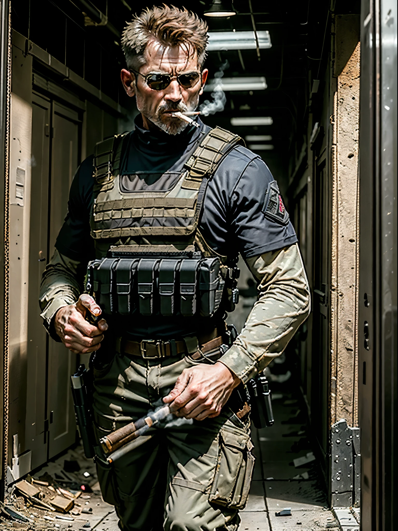 masterpiece, best quality, solo, solo focus, auburn hair, crew cut, dark grey eyes, mercenary, age 45, male focus, (holding an assault rifle with two hands), load-bearing vest, 1 cigar in mouth, (smoking:1.2), danger atmosphere, war zone