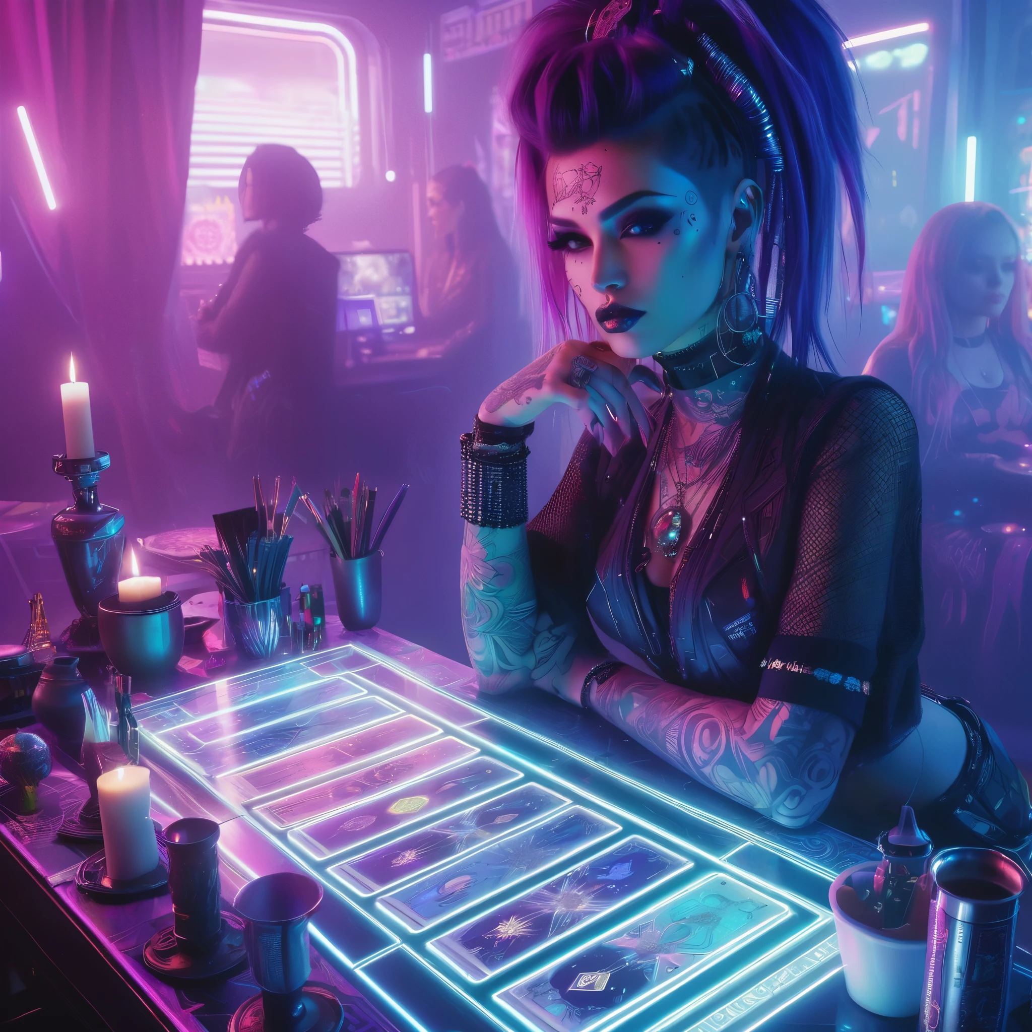 (tarot cards), cyberpunk style, realistic digital painting, cyberpunk style, mystical room in futuristic world, electronic table with modern big electronic tarot cards, beautiful woman, dark makeup, tattoos, cyberpunk fortune teller outfit, (punk with colorful hair, wearing strange and mismatched clothes), unfolded big tarot cards are visible on the table, dark room, light neon lighting, realistic, lots of detail, 8k, film grain, raw photo,, cyberpunk aesthetics,  seductive cyberpunk dark fantasy, 