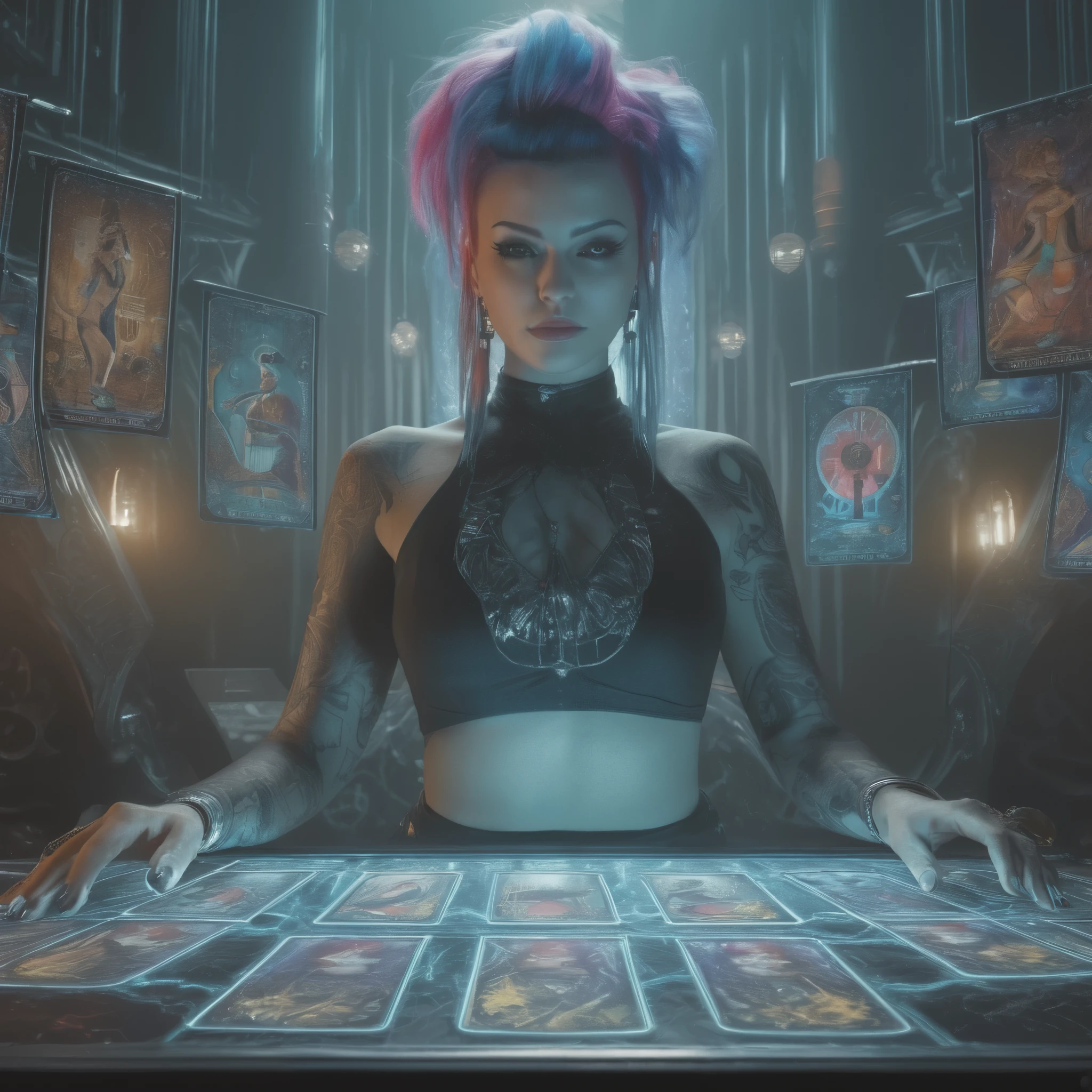 (tarot cards), realistic digital painting, a woman with colorful asymmetrically hairstyle and tattoos standing in front of a table, dark mystical room in futuristic world, cybertable with modern big electronic tarot cards, beautiful woman, cyberpunk fortune teller outfit cyberpunk style, cyberpunk art ultrarealistic , dark room, , lots of detail, 8k, film grain, raw photo,