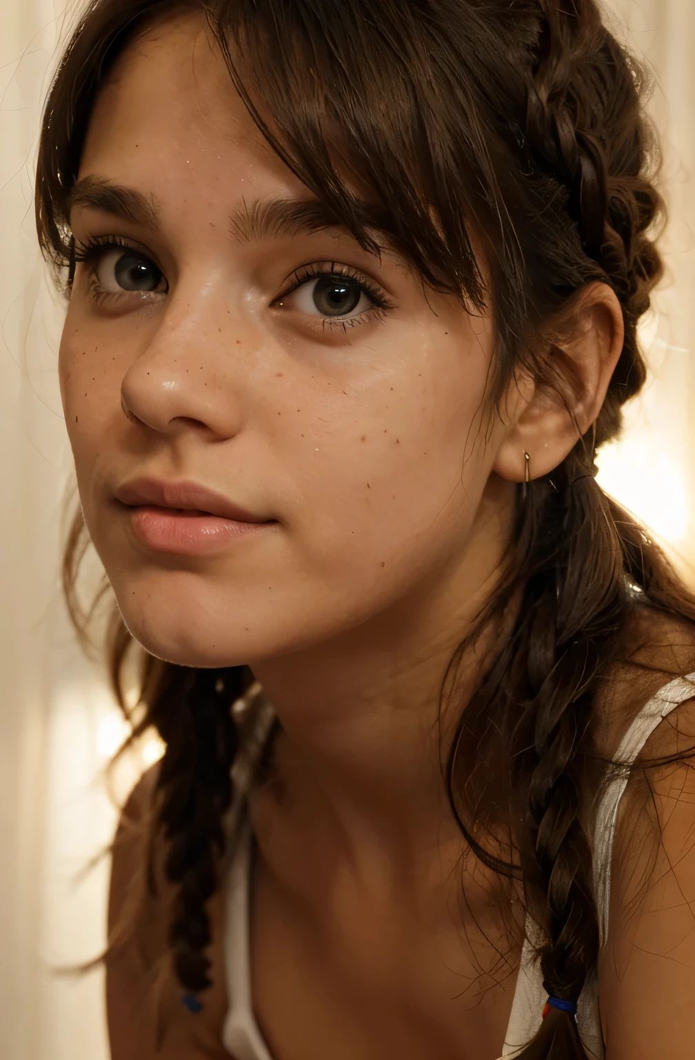 1girl. Tan skin, freckles on nose, freckles on cheeks, dark brown hair, wavy hair, hair braid, white ribbed tank, twenty years old, bedroom