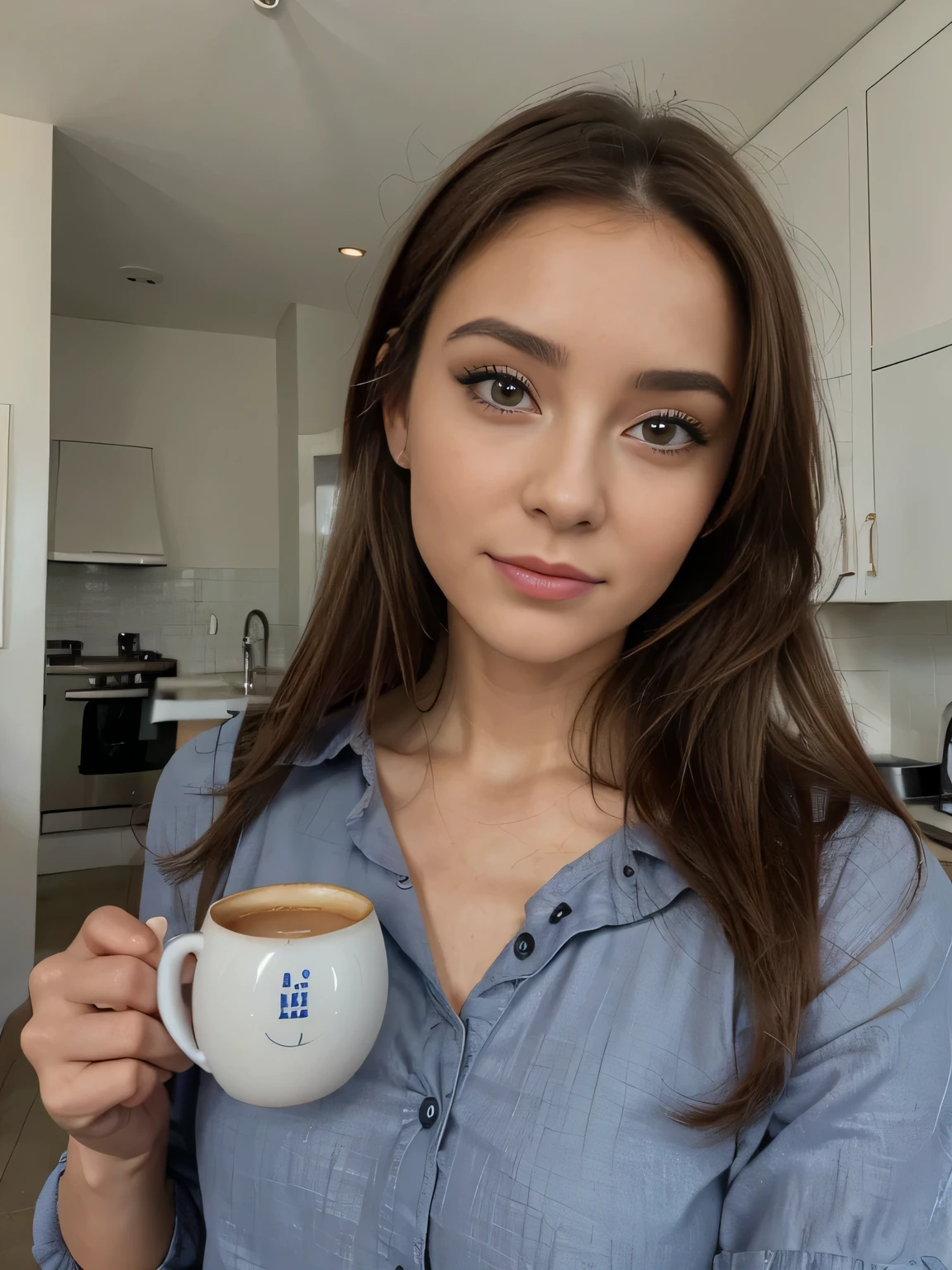 Photo d'une femme brune de 28 ans, qui a un visage très naturel, Thin lips, yeux fin et bleus, Sourcils fins, nez fin, des boucles d'oreilles, long cils. She makes a joli selfie with a cup of coffee. Elle porte une chemise noir, slightly unbuttoned