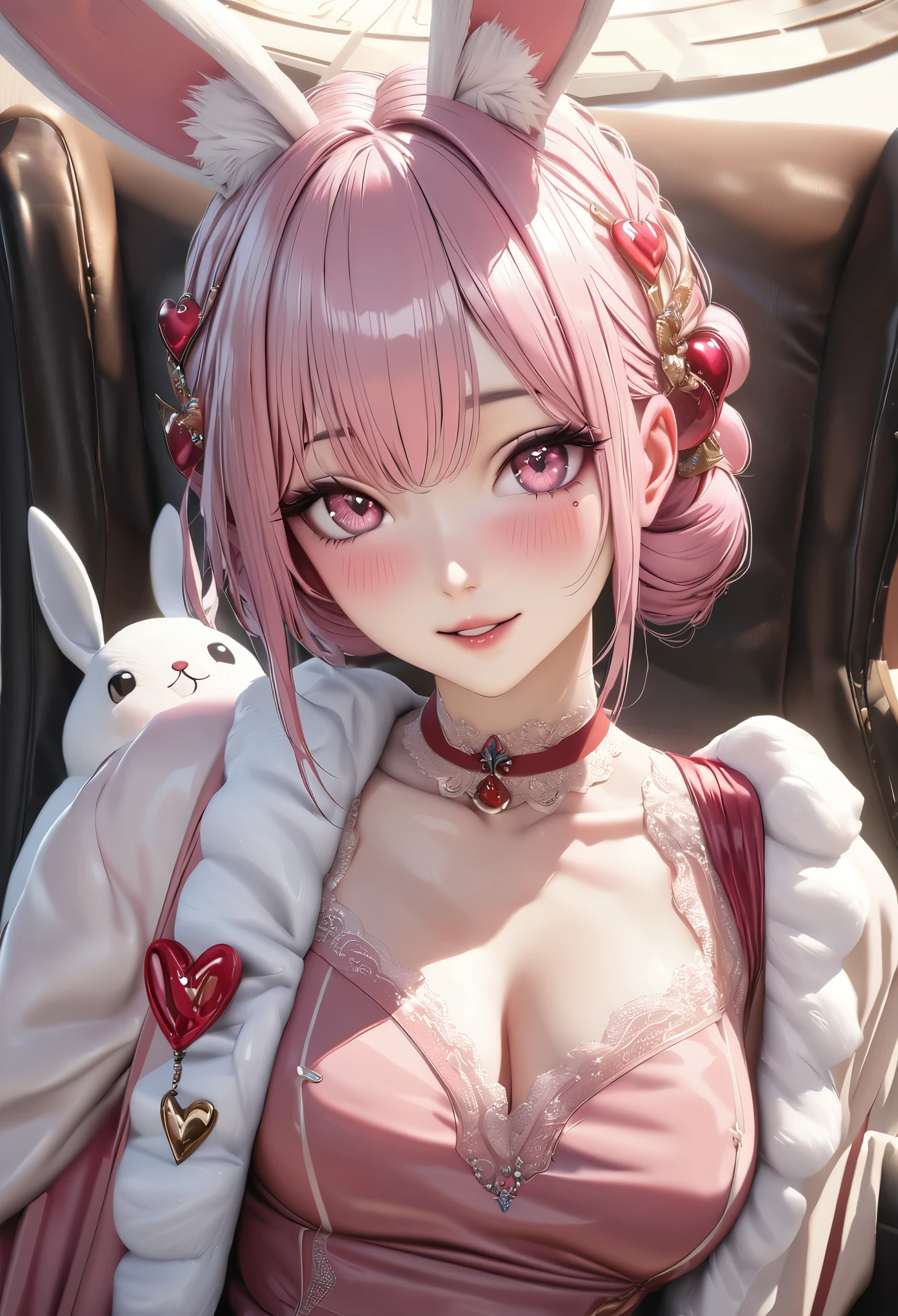 highest quality, highest quality, Super detailed, High resolution, expensive resolution, HDR, 4k, 8K, unity 8k wallpaper, expensively detailed CG, masterpiece, realistic, photorealistic, 2D, 3D, beautiful details, depth, fine texture , super fine: 1.3, Fully focused, Crispy.skin, .he,
Very cute anime girl with pink bun hair wearing expensive , one girl, alone, smile、pink bun hair, animal ears, rabbit ears, mole under the eye, looking at the viewer , expensive , blush, mole, parted lips, hair ornaments, heart, pink eyes, choker