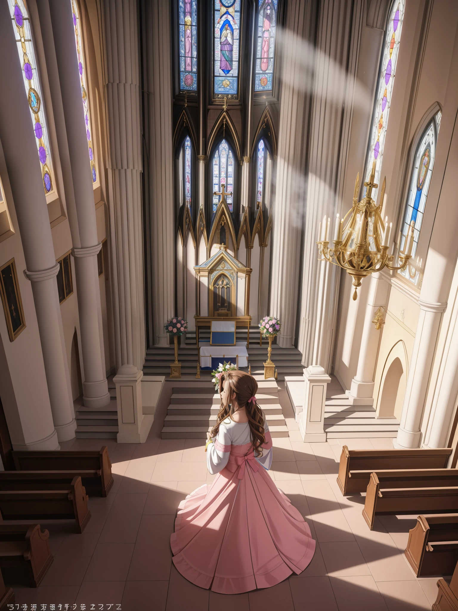 (highest quality,4k,8K,High resolution,masterpiece:1.2),Super detailed,(realistic,photorealistic,photo-realistic:1.37),, ((Little Aerith Gainsbourg)), choker, cropped jacket, hair ribbon, bracelet, pink dress, ((inside the church, Sleeping quietly on my own&#39;Return to the chapel altar)), Decorate your body with many beautiful flowers on the altar, Funeral scene for the deceased Aerith.、inside the church, Inside the chapel, stained glass window, Composition with light pouring down from the ceiling., A view of her from above