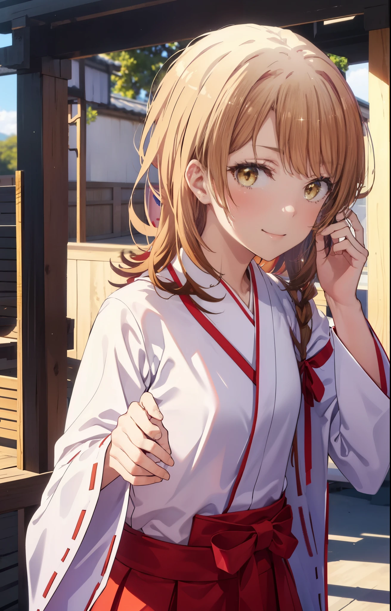 irohaisshiki, iroha isshiki, long hair, brown hair, (brown eyes:1.5), smile,Bellflower,Miko, 白色kimono, kimono,Red hakama Same as skirt, wide sleeve, long sleeve, Ribbon trim sleeves, happy smile, smile, open your mouth,short braided hair,
very long hair, dull bangs, low ponytail, 
break outdoors, shrine,torii,
break looking at viewer,whole body, (cowboy shot:1. 5)
break (masterpiece:1.2), highest quality, High resolution, unity 8k wallpaper, (shape:0.8), (fine and beautiful eyes:1.6), highly detailed face, perfect lighting, Very detailed CG, (perfect hands, perfect anatomy),