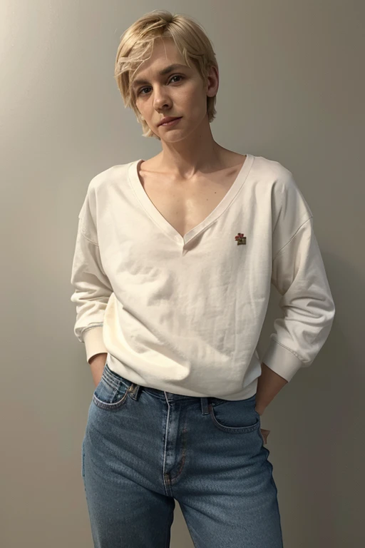 photo realistic, full shot, photo of Aster Scarlet Ridley an androgynous male, head to toe photo, non-binary, feminine, soft build, weak average body, sissy, tall, (age 44), mature, (flat chest:1.5), (short hair:1.3), (blonde hair:1.2), pale skin, 5'10" tall, adams apple, mature face with detailed skin pores, wearing a college sweatshirt with jeans, standing in front of a blank wall background, perfectly centered, 12-megapixels, hyper realistic,