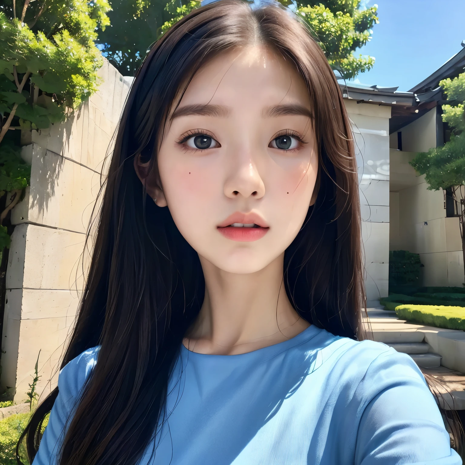 a close up of a woman with long hair wearing a blue shirt, young adorable korean face, korean girl, anime girl in real life, beautiful south korean woman, chinese girl, beautiful japanese girls face, korean symmetrical face, young cute wan asian face, of a youthful japanese girl, beautiful young korean woman, beautiful aesthetic face, korean woman, white hime cut hairstyle