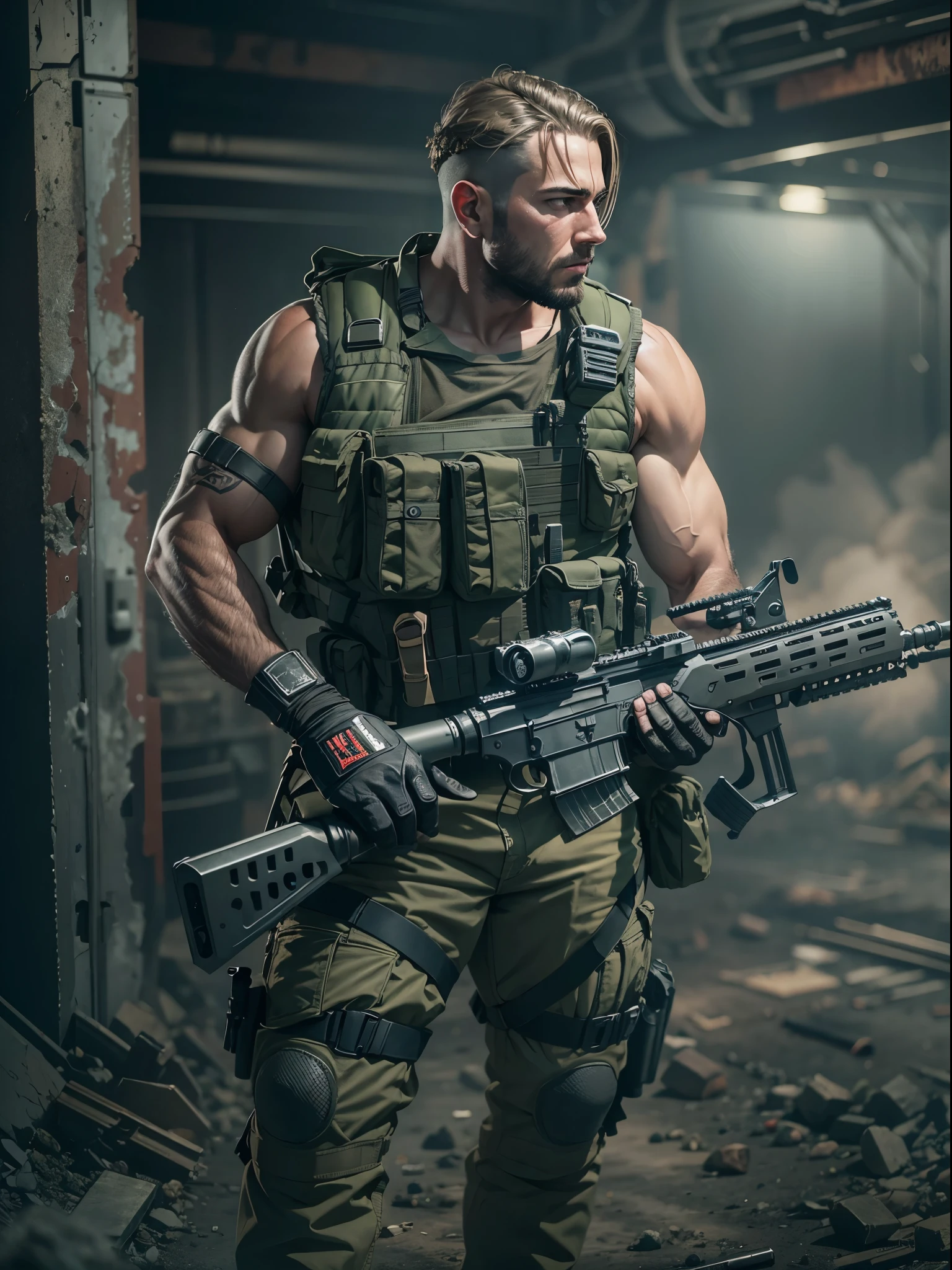 Mercenary, male focus, holding an assault rifle with two hands, load-bearing vest, ammunition belt, danger atmosphere, war zone