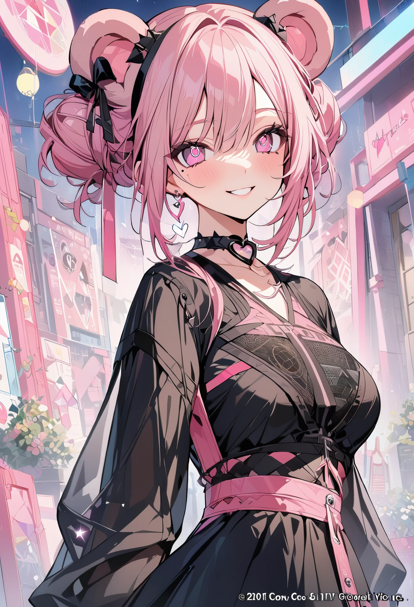 1 girl, pink long bun hair, heart shaped eyes,bear ears, {Pink bob hair bun girl、 The name Nami}, (Pink eye color), {downtown}, (smile), bright background , mole under eye, heart shaped choker, (masterpiece, highest quality), very detailed, highest quality, official art, beautiful and aesthetic: 1.2), (1 girl), very detailed, (geometry art: 1.3), colorful, most detailed ?d1 girl, pink long bun hair, Eye of the symbol, +__+, gothic costume, {A girl with long pink bun hair The name Nami}, (Pink eye color), {downtown}, (smile), bright background, (garden,beautiful flower々),mole under eye, heart shaped choker, (masterpiece, highest quality), official art, beautiful and aesthetic: 1.2), (1 girl), very detailed, (geometry art: 1.3), colorful
