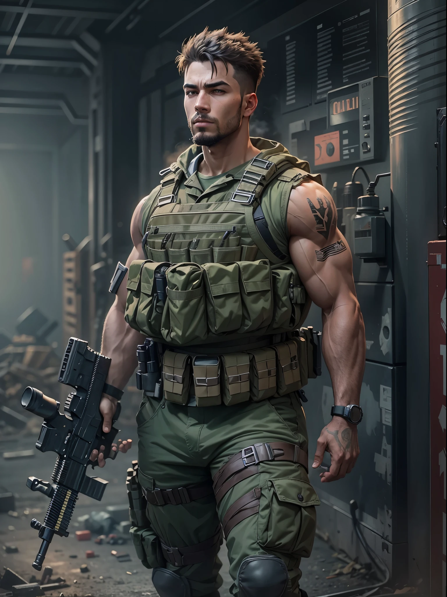 Mercenary, male focus, holding an assault rifle with two hands, load-bearing vest, ammunition belt, danger atmosphere, war zone