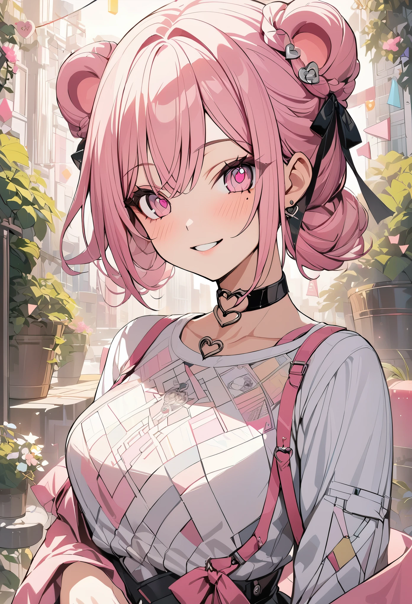 1 girl, pink long bun hair, heart shaped eyes,bear ears, {Pink bob hair bun girl、 The name Nami}, (Pink eye color), {downtown}, (smile), bright background , mole under eye, heart shaped choker, (masterpiece, highest quality), very detailed, highest quality, official art, beautiful and aesthetic: 1.2), (1 girl), very detailed, (geometry art: 1.3), colorful, most detailed ?d1 girl, pink long bun hair, Eye of the symbol, +__+, gothic costume, {A girl with long pink bun hair The name Nami}, (Pink eye color), {downtown}, (smile), bright background, （garden,beautiful flower々）,mole under eye, heart shaped choker, (masterpiece, highest quality), official art, beautiful and aesthetic: 1.2), (1 girl), very detailed, (geometry art: 1.3), colorful