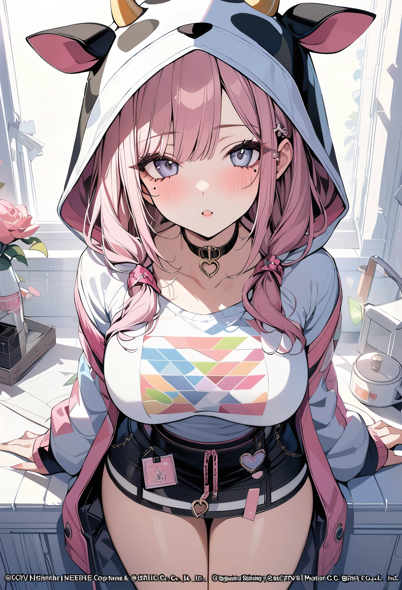 ,beautiful flower々）,mole under eye, heart shaped choker, (masterpiece, highest quality), official art, beautiful and aesthetic: 1.2), (1 girl), very detailed, (geometry art: 1.3), colorful、pink bob hair、cow hood cap shirt、mini skirt