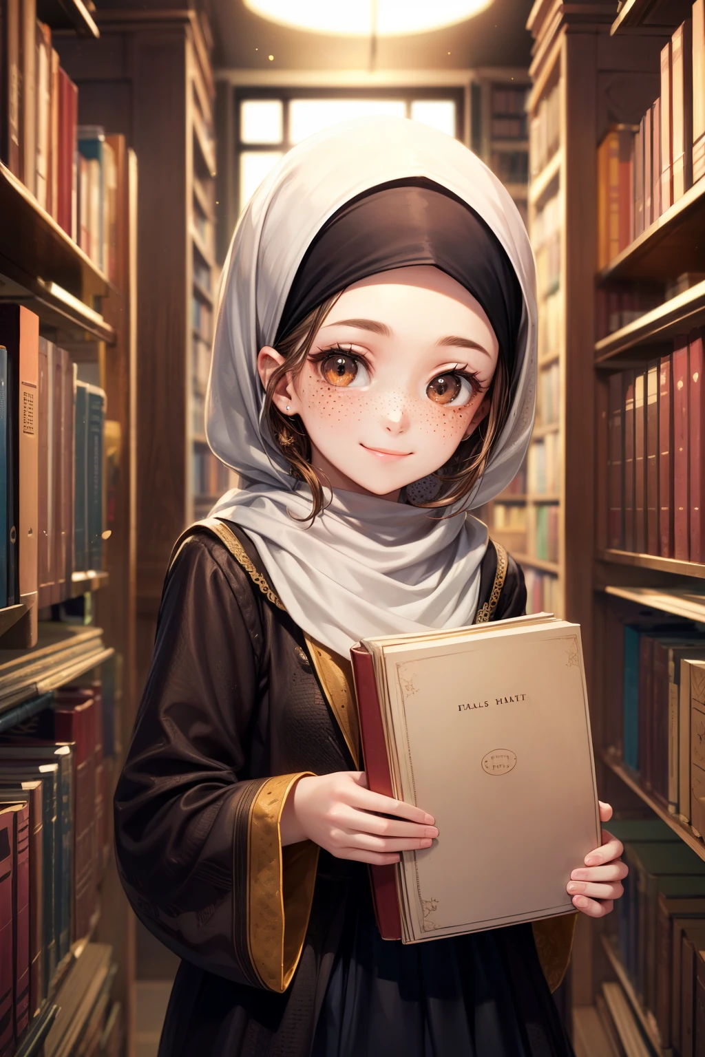 realisitic、top-quality、1 girl、18year old、brown Hair, curly hair、long hair, brown eyes , smile、Shy face、(((freckle)))、fancy dress、freckle , beautiful 、study、library、Particles of light、profetional lighting, hijab girl