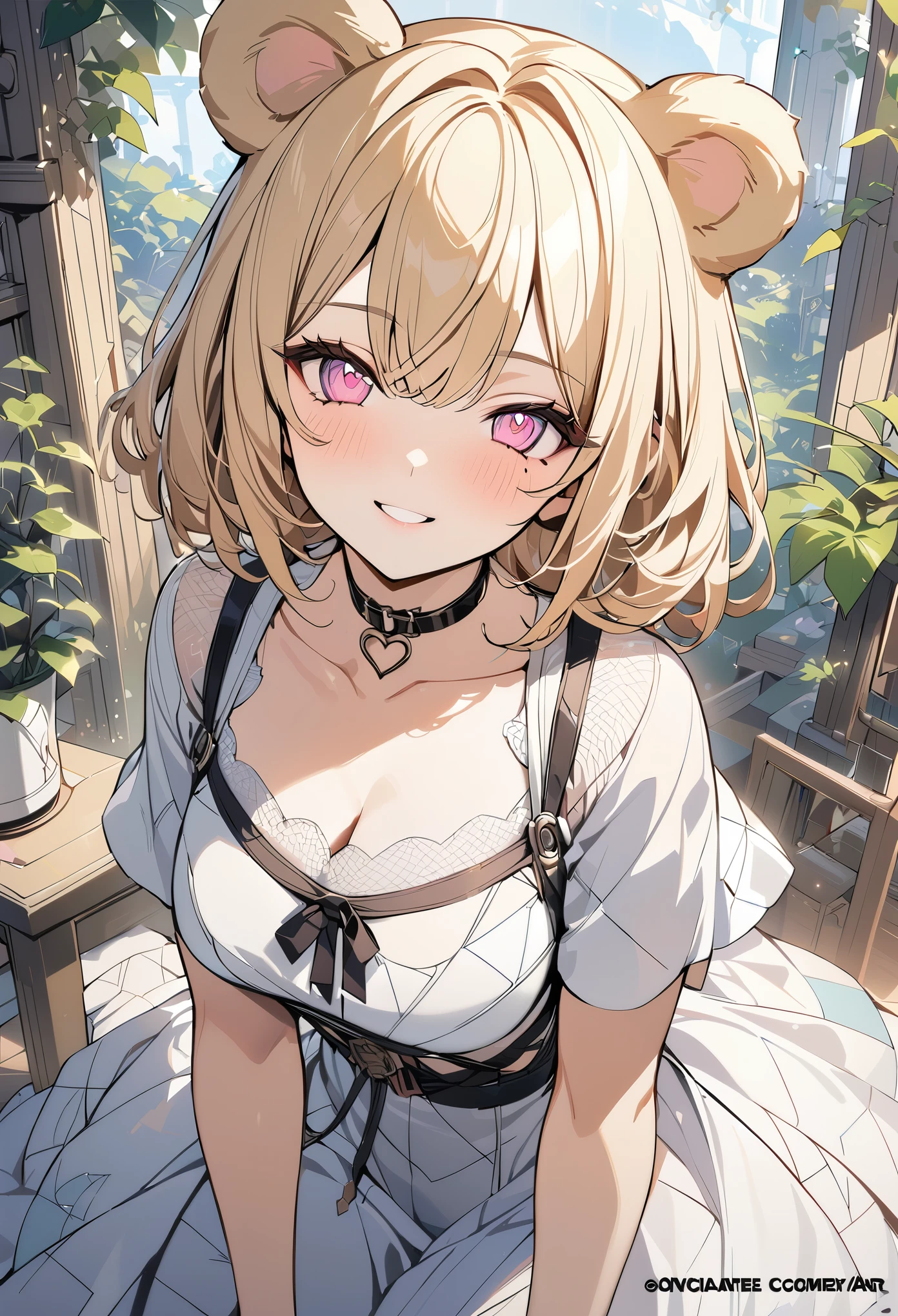 1 girl, blonde bob hair, heart shaped eyes, bear ears,whole body, {girl with blonde bob hair named nao}, (Pink eye color), (smile), bright background , mole under eye, Star-shaped choker, (masterpiece, highest quality), very detailed, highest quality, official art, beautiful and aesthetic: 1.2), (1 girl), very detailed, (geometry art: 1.3), colorful, most detailed ,（garden,beautiful flower々）, (masterpiece, highest quality), official art, beautiful and aesthetic: 1.2), (1 girl), very detailed, (geometry art: 1.3), colorful