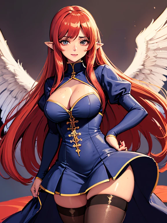 (best quality,8k:1.2,high resolution:1.2),ultra-detalhado,Realistic,vintage godess female,long red curly hair,rosto extremamente detalhados,long eyelashes,big angel wings,soft dark blue dress,cleavage,suntan tights,metalic accessories,Physically-based rendering,sharp focus,studio lighting