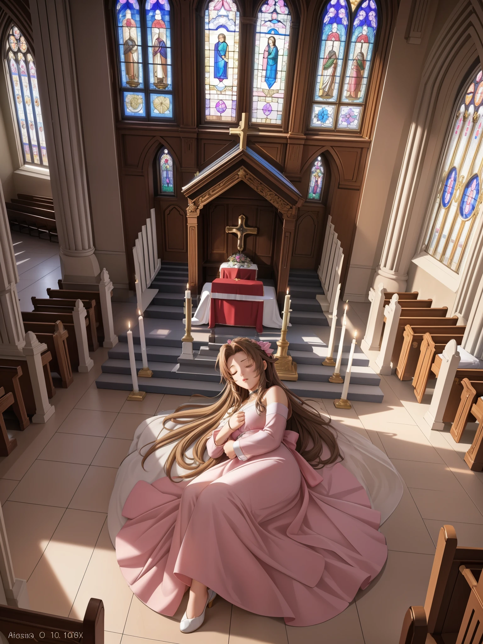 (highest quality,4k,8K,High resolution,masterpiece:1.2),Super detailed,(realistic,photorealistic,photo-realistic:1.37),, ((Little Aerith Gainsbourg)), choker, cropped jacket, hair ribbon, bracelet, pink dress, ((inside the church, A woman lies peacefully sleeping on the altar of the chapel.)), Decorate your body with many beautiful flowers on the altar, Funeral scene for the deceased Aerith.、inside the church, Inside the chapel, stained glass window, Composition with light pouring down from the ceiling., A view of her from above