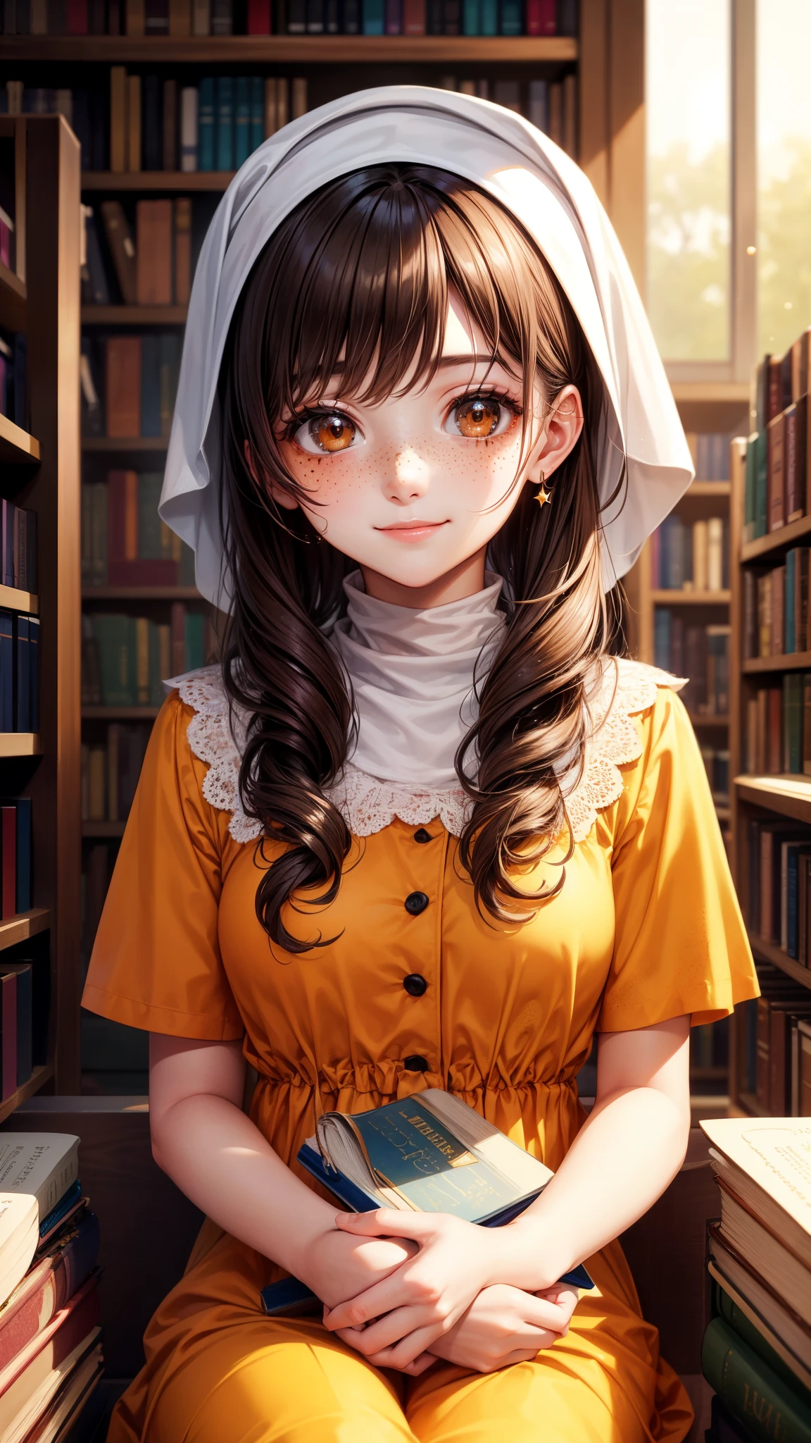 realisitic、top-quality、1 girl、18year old、brown Hair, curly hair、long hair, brown eyes , smile、Shy face、(((freckle)))、fancy dress、freckle , beautiful 、study、library、Particles of light、profetional lighting, hijab girl