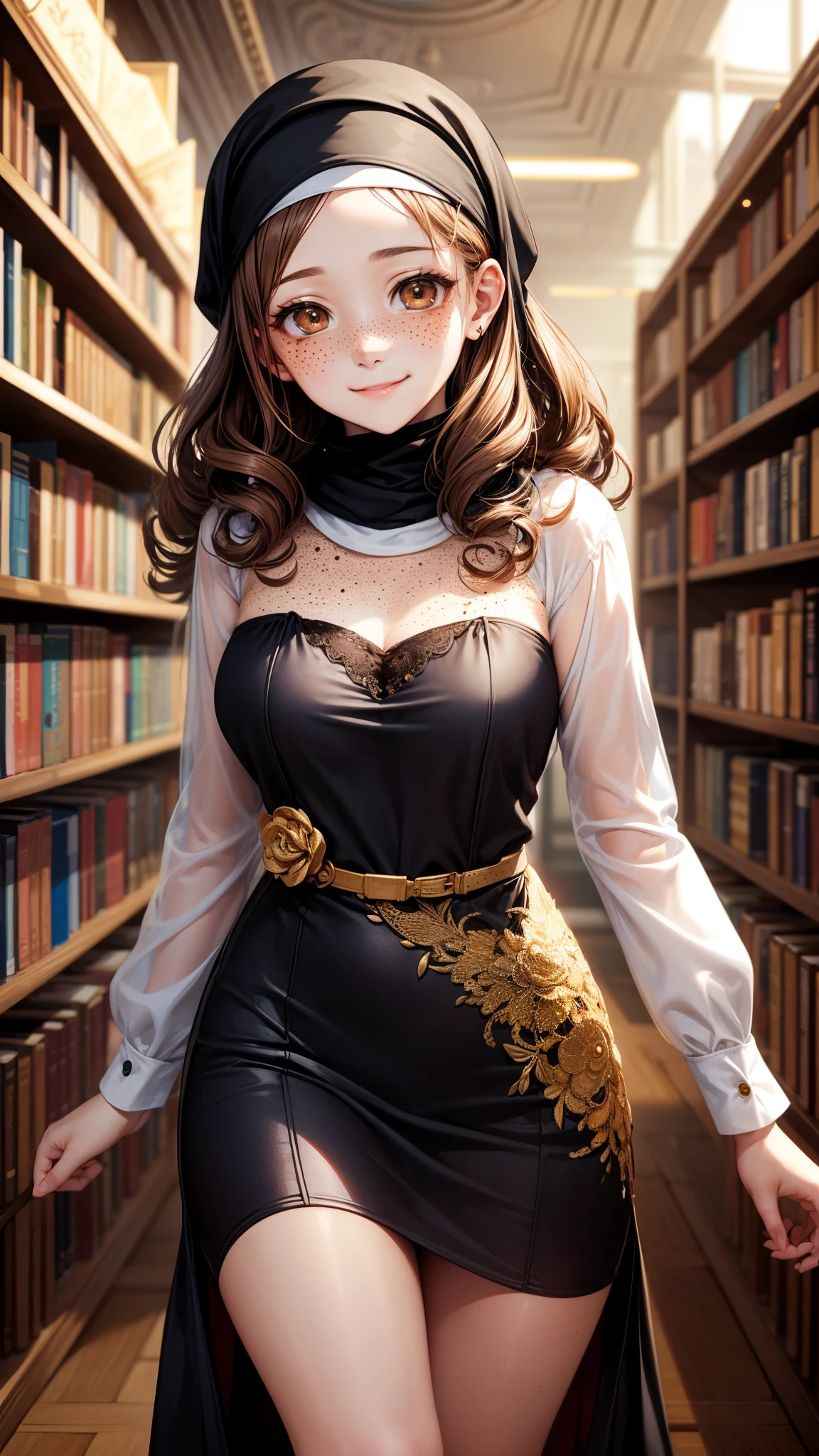 realisitic、top-quality、1 girl、18year old、brown Hair, curly hair、long hair, brown eyes , smile、Shy face、(((freckle)))、fancy dress、freckle , beautiful 、study、library、Particles of light、profetional lighting, hijab girl 
