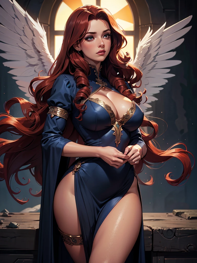 (best quality,8k:1.2,high resolution:1.2),ultra-detalhado,Realistic,vintage godess female,long red curly hair,rosto extremamente detalhados,long eyelashes,big angel wings,soft dark blue dress,cleavage,suntan tights,metalic accessories,Physically-based rendering,sharp focus,studio lighting