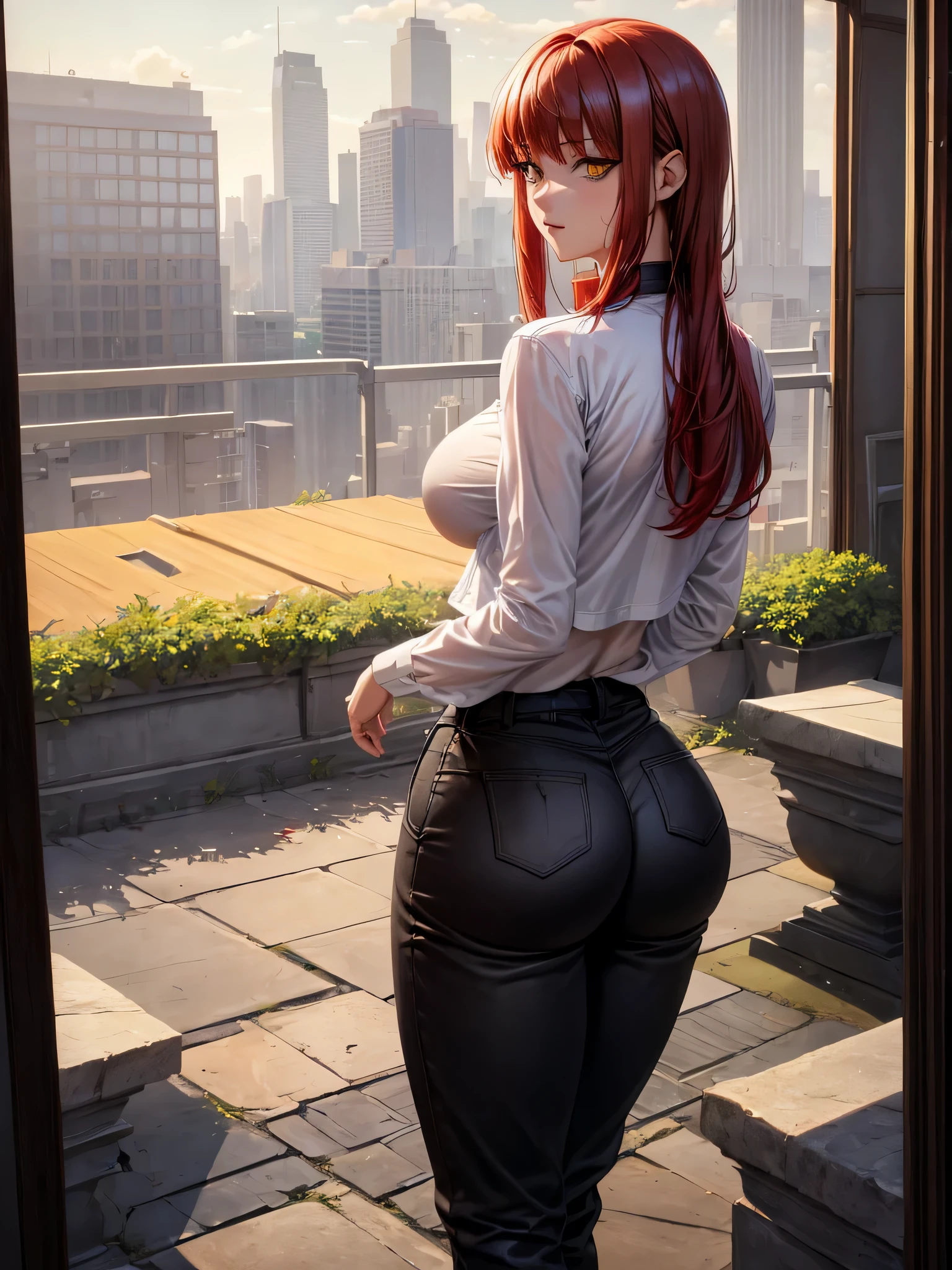 (masterpiece, best quality:1.2), solo, 1girl, red hair, yellow eyes, makima,, big tits,big ass unbuttoned shirt with collar, on the chest, a lot of, black unbuttoned pants, wide hips, no panties, wet, hot. view from behind