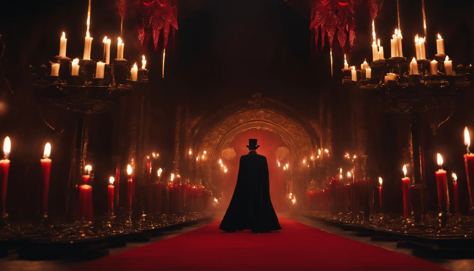 Exu's top hat and cape appear as powerful and multifaceted symbols, rooted in deep concepts and spiritual and energetic foundations. Well-dressed man in black and red clothes surrounded by mystical candles.