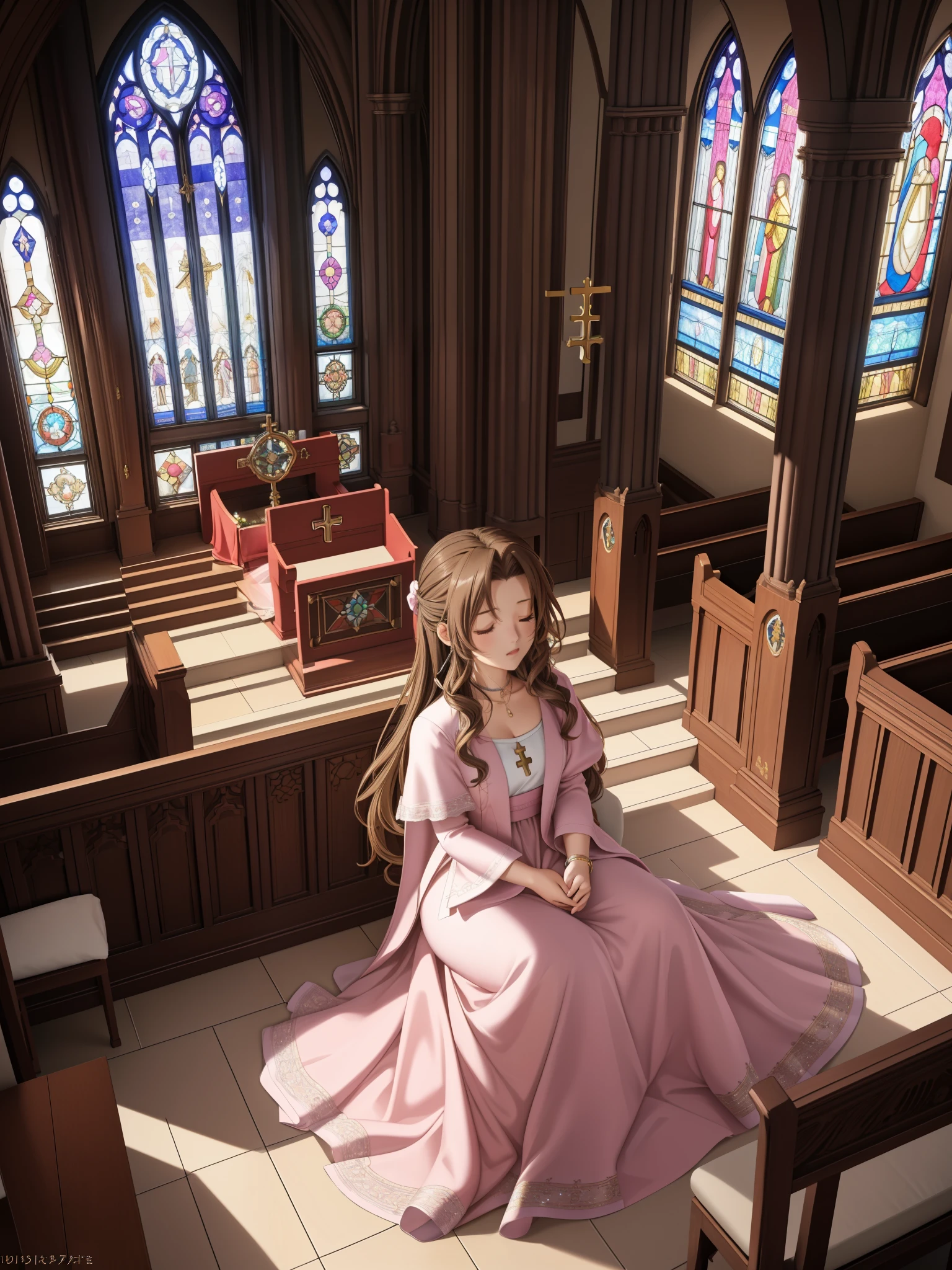 (highest quality,4k,8K,High resolution,masterpiece:1.2),Super detailed,(realistic,photorealistic,photo-realistic:1.37),, ((Little Aerith Gainsbourg)), choker, cropped jacket, hair ribbon, bracelet, pink dress, ((inside the church, A woman lies peacefully sleeping on the altar of the chapel.)), Decorate your body with many beautiful flowers on the altar, Funeral scene for the deceased Aerith.、inside the church, Inside the chapel, stained glass window, Composition with light pouring down from the ceiling., A view of her from above