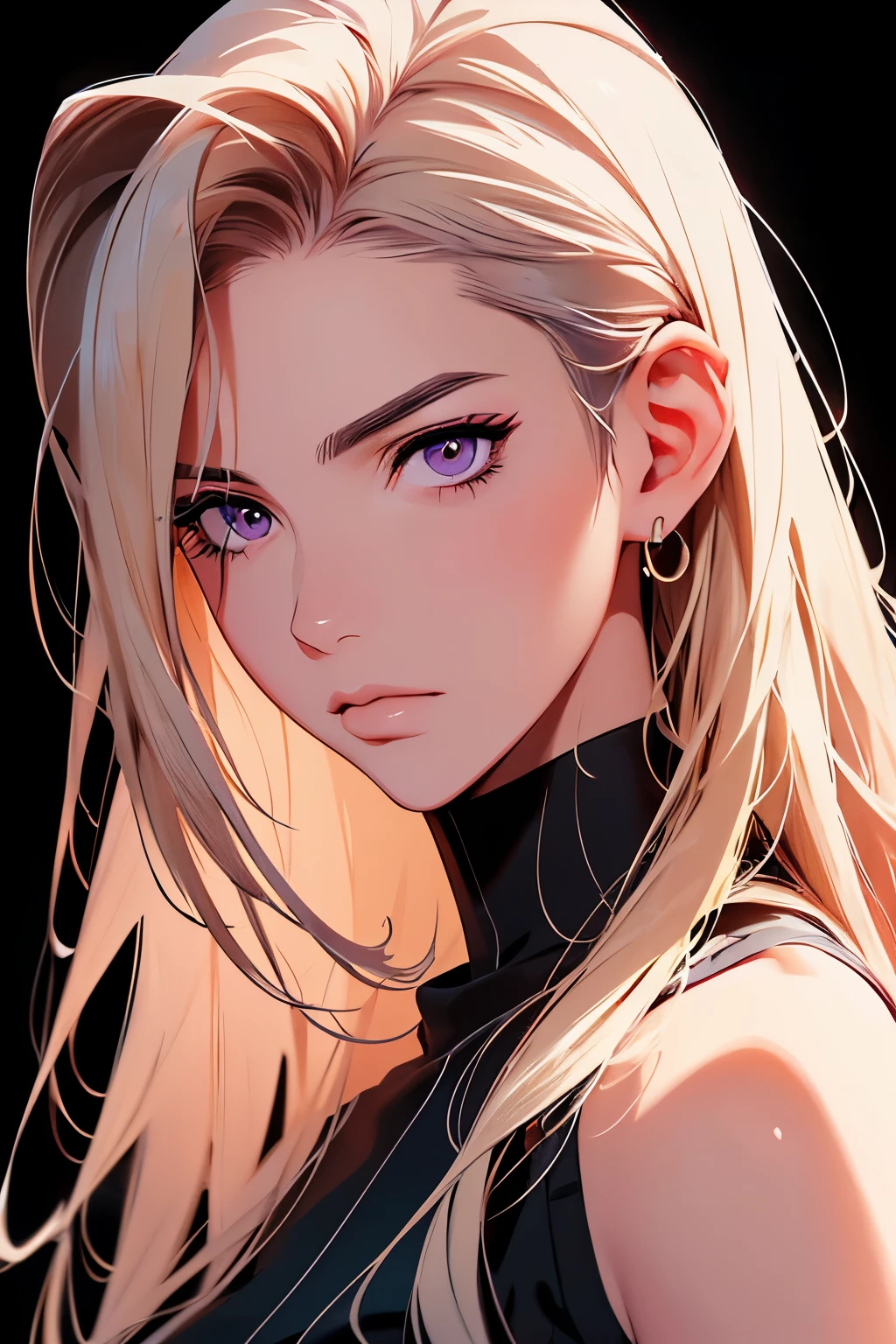 2d illustration, anime, a painting portrait in fine arts, in manhwa style, Bishamon from noragami, 1girl, blond, long hair, big hair, purple eyes, makeup,  beautiful, high definition, masterpiece, best quality, high detail, high detailed eyes, grain filter, Detailed lips, high resolution, ultra-detalhado, retrato, mulher caucasiana, realista proportions, Anatomicamente preciso, bochechas rosadas; intimate distance, dark lighting, alta qualidade, premiado, high resolution, 8k, {{perfect eye-patch}}