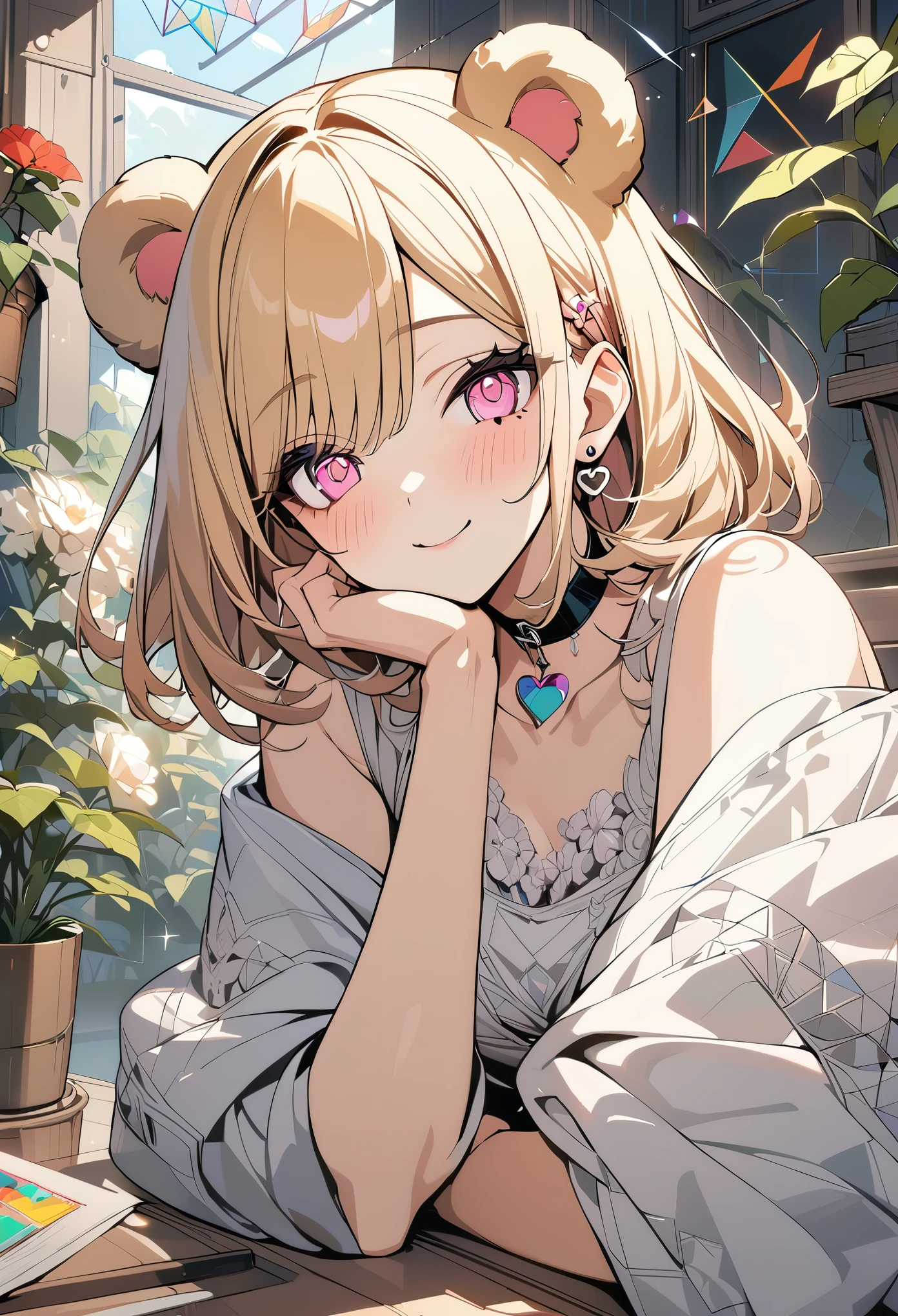 1 girl, blonde bob hair, heart shaped eyes, bear ears,whole body, {girl with blonde bob hair named nao}, (Pink eye color), (smile), bright background , mole under eye, Star-shaped choker, (masterpiece, highest quality), very detailed, highest quality, official art, beautiful and aesthetic: 1.2), (1 girl), very detailed, (geometry art: 1.3), colorful, most detailed ,(garden,beautiful flower々), (masterpiece, highest quality), official art, beautiful and aesthetic: 1.2), (1 girl), very detailed, (geometry art: 1.3), colorful