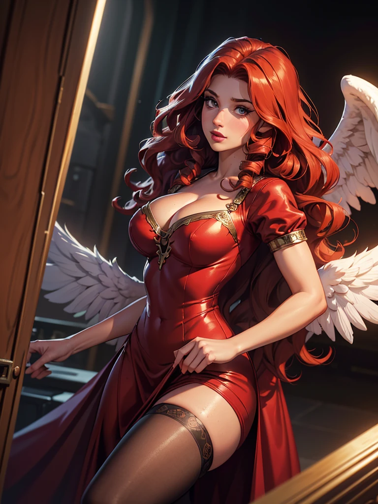 (best quality,8k:1.2,high resolution:1.2),ultra-detalhado,Realistic,vintage godess female,long red curly hair,rosto extremamente detalhados,long eyelashes,big angel wings,soft dark red dress,cleavage,suntan tights,metalic accessories,Physically-based rendering,sharp focus,studio lighting