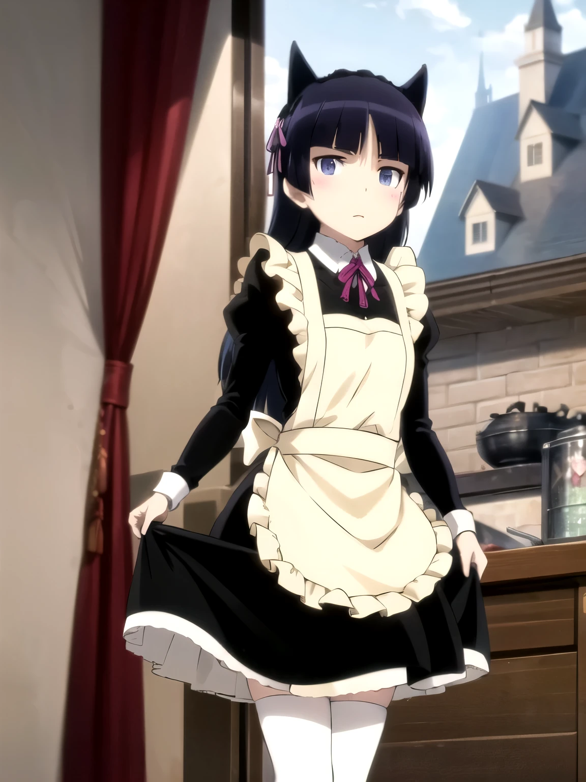 UHD, high details, (Ruri Gokou), 1 girl, Maid clothes, Cat ear, Black cat tail, anime style, (apron skirt), midi skirt, stockings, Different world, old castle, middle ages