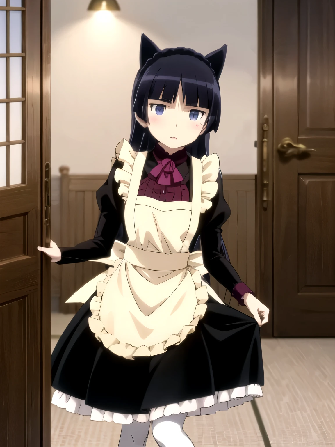 UHD, high details, (Ruri Gokou), 1 girl, Maid clothes, Cat ear, Black tail, anime style, (apron skirt), midi skirt, stockings, Different world, old castle, middle ages