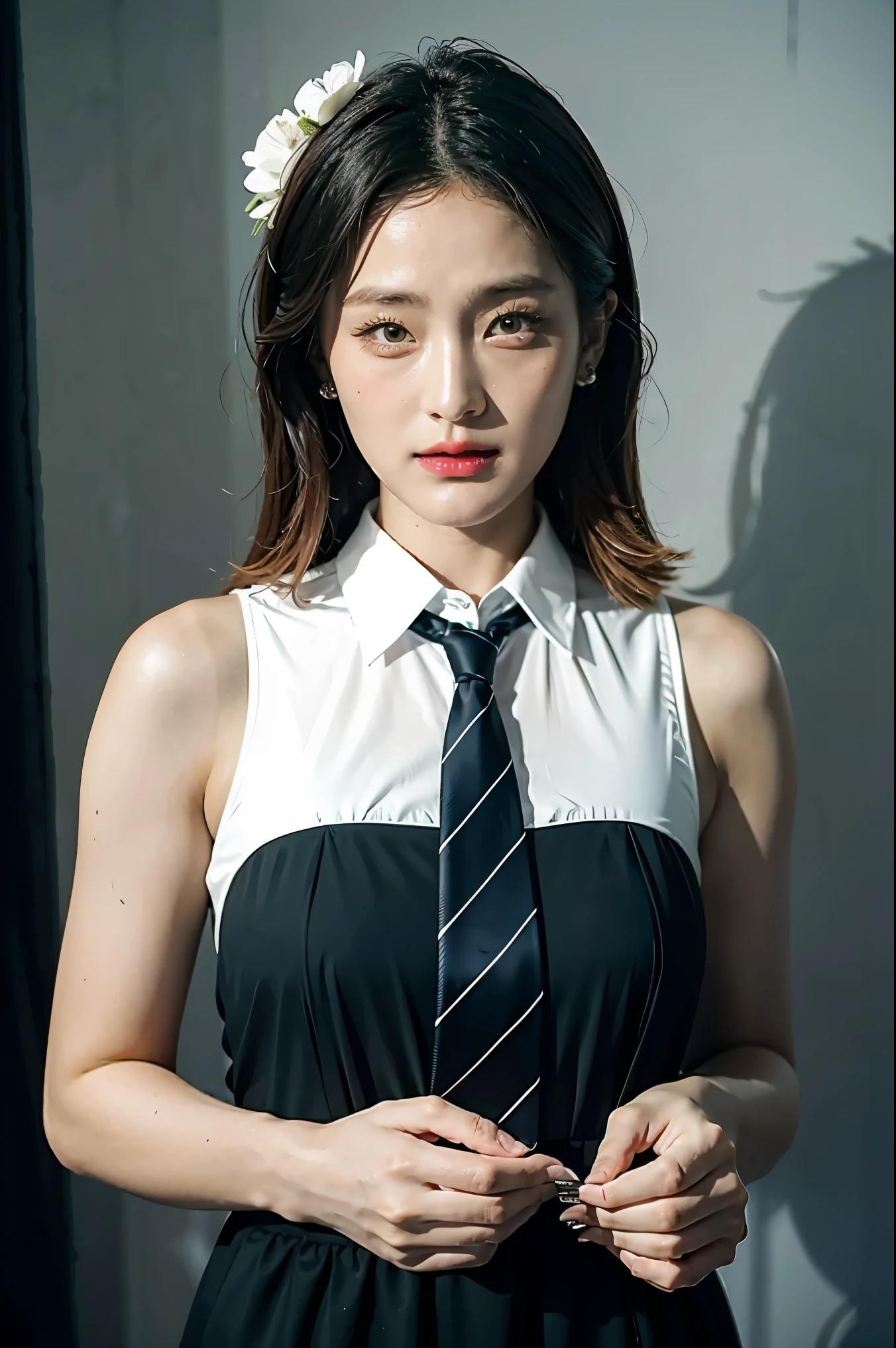 1girl, black random formal attire, white background,