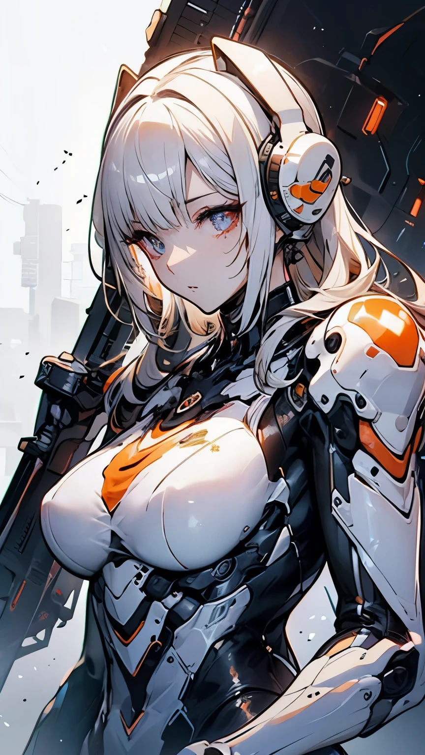 white hair, bangs, long hair, mole under eye, symbol-shaped pupils, cinematic lighting, chiaroscuro, textured skin, masterpiece, high details, super detail, A scene from a science fiction movie. A soldier who works in a city on a different planet from Earth. Wearing a functional bodysuit. The shoulders and arms are equipped with mechanical parts. young woman.