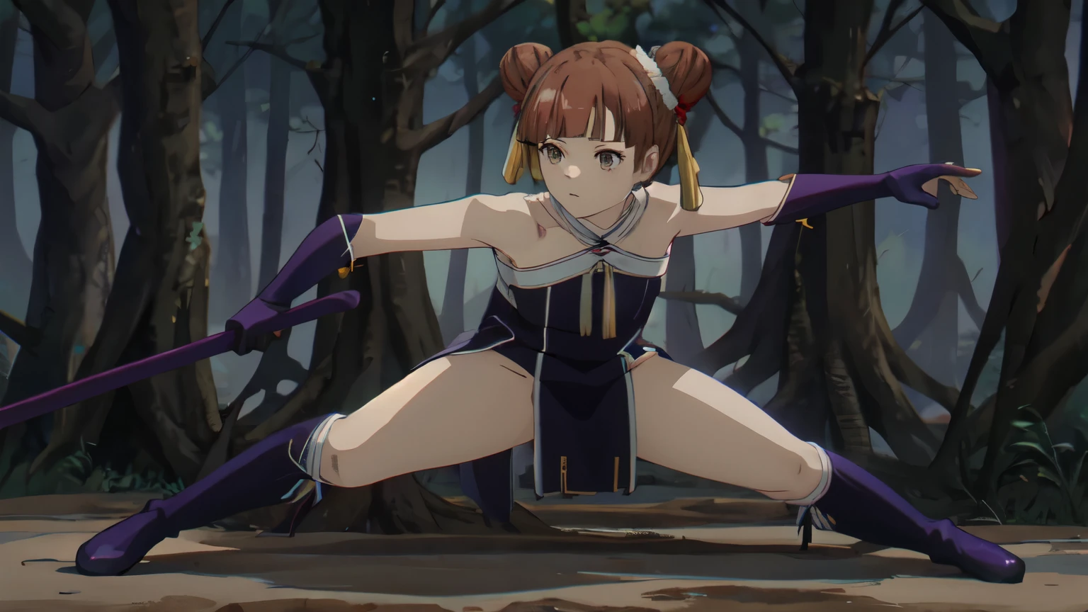 Looking at viewer, solo, anime screencap, score_9, score_8_up, Laufen, 1 girl, brown hair, short hair, double bun, brown eyes, yellow headpiece, black dress, bare shoulders, gloves, pelvis curtain, boots, nature, sunbeams, forest, full body, fighting stance, magic wand, crouching