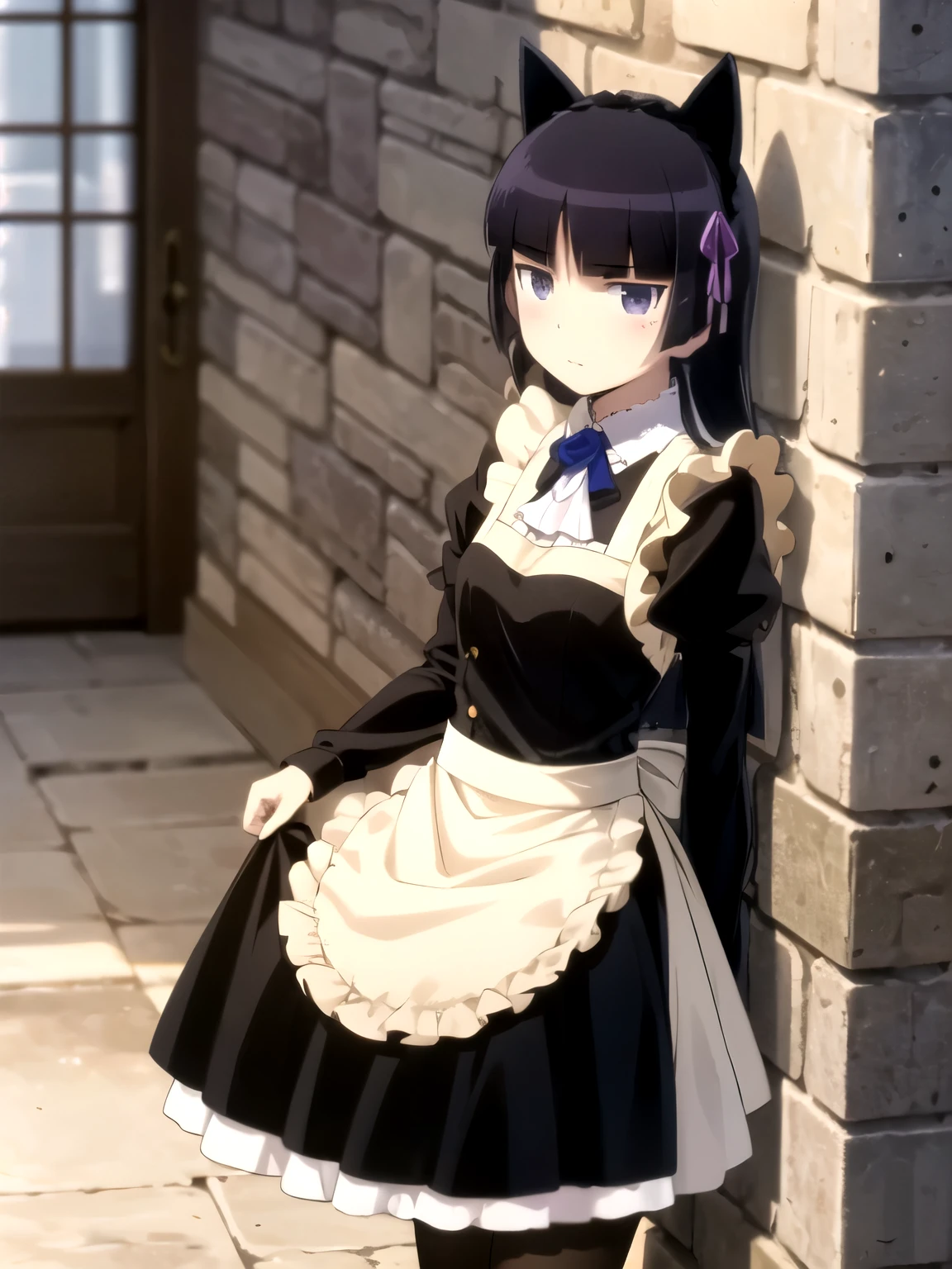 UHD, high details, (Ruri Gokou), 1 girl, Maid clothes, Cat ear, Black tail, anime style, (apron skirt), midi skirt, stockings, Different world, old castle, middle ages