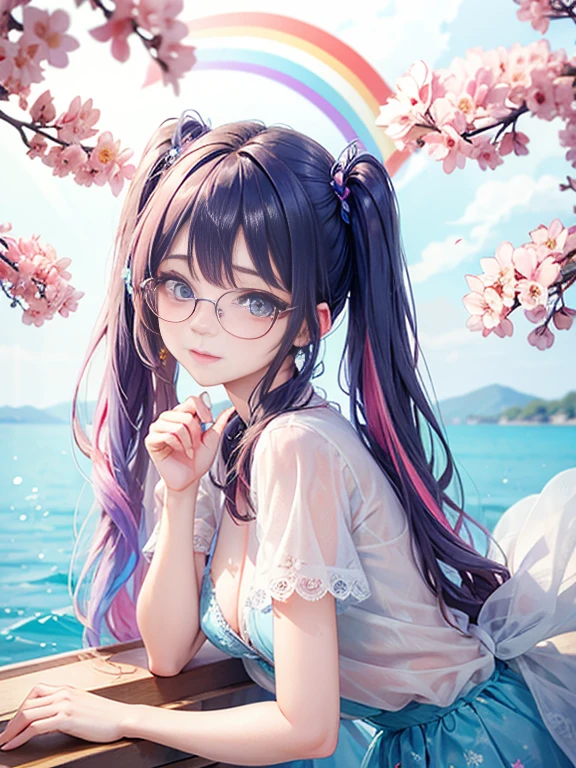 (masterpiece:1.2), (highest quality:1.2),, Curvy but slender body, perfect eyes, perfect face, perfect lighting, 1 girl,(rainbow colored hair, colorful hair, Half blue、half pink hair: 1.2),  cherry blossoms、 Glasses、（Cute floral shirt），（whole bodyが見える），（painted on steel、Transparent sexy clothes、polka dots、lace skirt），curly hair, Clothes with short sleeves, 、In the sea、on the boat、, compensate, eye shadow, small breasts、thick eyelashes, fantasy, looking at the viewer, whole body，alice in wonderland、blue sky、Bright and beautiful face、young shiny glossy white shiny skin、the best beauty、the most beautiful in the world、thin hair、long hair、Shining beautiful bangs、big shining blue eyes、very beautiful and nice, the most beautiful girl in the world、twin tails、Glasses、a disappointed face、Waiting for a kiss、smile