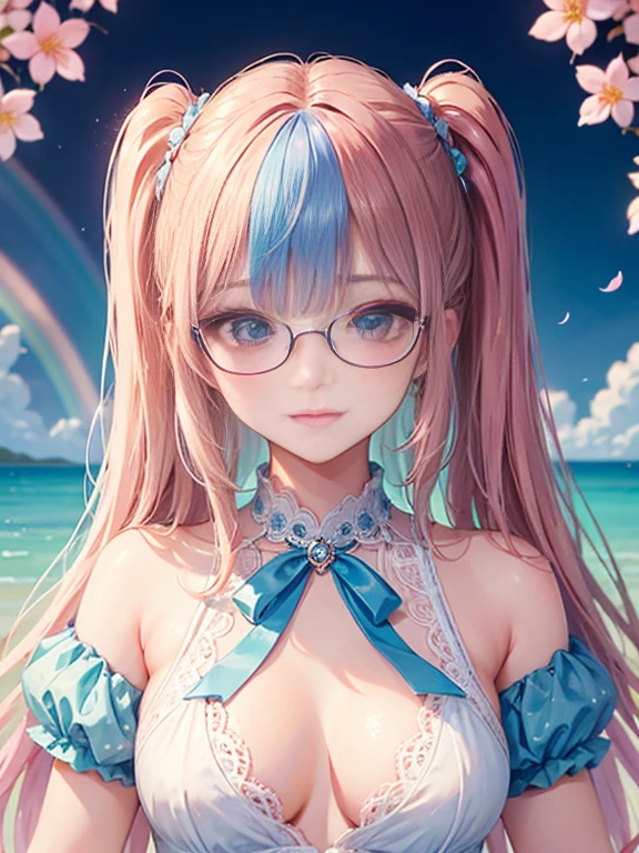 (masterpiece:1.2), (highest quality:1.2),, Curvy but slender body, perfect eyes, perfect face, perfect lighting, 1 girl,(rainbow colored hair, colorful hair, Half blue、half pink hair: 1.2),  cherry blossoms、 Glasses、（Cute floral shirt），（whole bodyが見える），（painted on steel、Transparent sexy clothes、polka dots、lace skirt），curly hair, Clothes with short sleeves, 、In the sea、on the boat、, compensate, eye shadow, small breasts、thick eyelashes, fantasy, looking at the viewer, whole body，alice in wonderland、blue sky、Bright and beautiful face、young shiny glossy white shiny skin、the best beauty、the most beautiful in the world、thin hair、long hair、Shining beautiful bangs、big shining blue eyes、very beautiful and nice, the most beautiful girl in the world、twin tails、Glasses、a disappointed face、Waiting for a kiss、smile