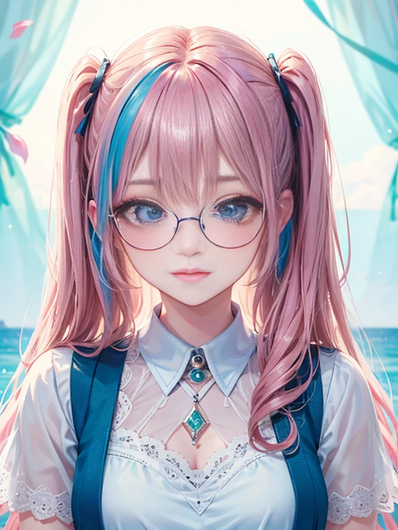 (masterpiece:1.2), (highest quality:1.2),, Curvy but slender body, perfect eyes, perfect face, perfect lighting, 1 girl,(rainbow colored hair, colorful hair, Half blue、half pink hair: 1.2),  cherry blossoms、 Glasses、（Cute floral shirt），（whole bodyが見える），（painted on steel、Transparent sexy clothes、polka dots、lace skirt），curly hair, Clothes with short sleeves, 、In the sea、on the boat、, compensate, eye shadow, small breasts、thick eyelashes, fantasy, looking at the viewer, whole body，alice in wonderland、blue sky、Bright and beautiful face、young shiny glossy white shiny skin、the best beauty、the most beautiful in the world、thin hair、long hair、Shining beautiful bangs、big shining blue eyes、very beautiful and nice, the most beautiful girl in the world、twin tails、Glasses、a disappointed face、Waiting for a kiss、smile