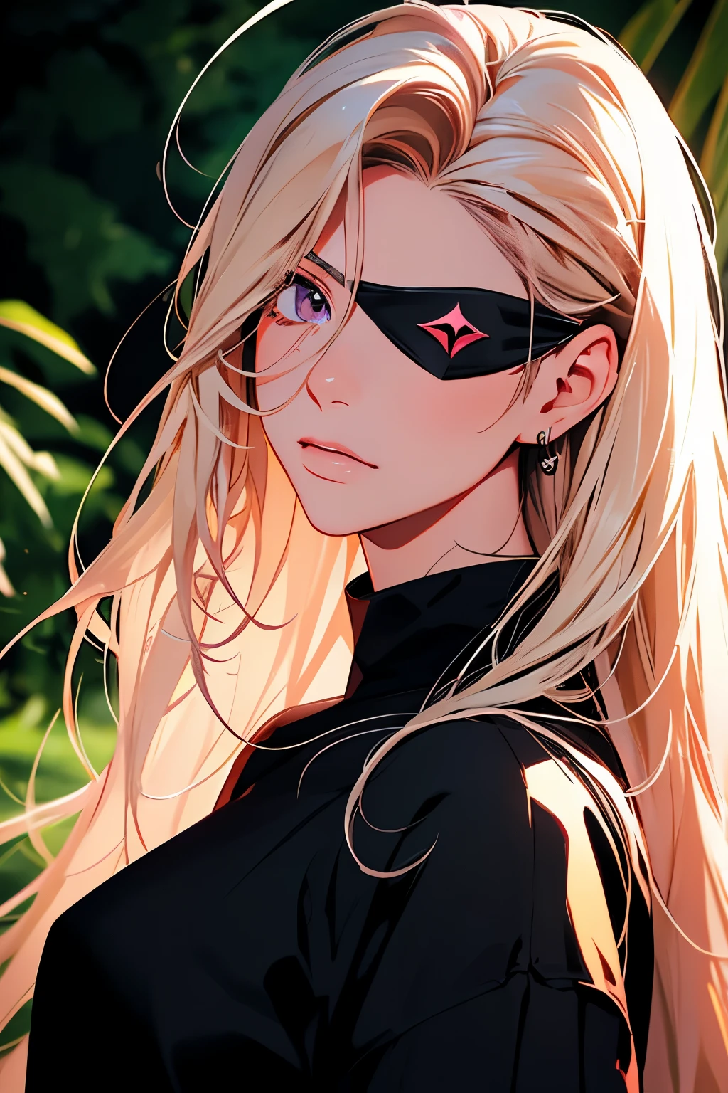 2d illustration, anime, a painting portrait in fine arts, in manhwa style, Bishamon from noragami, 1girl, blond, long hair, big hair, purple eyes, makeup, beautiful, high definition, masterpiece, best quality, high detail, high detailed eyes, grain filter, Detailed lips, high resolution, ultra-detalhado, retrato, mulher caucasiana, realista proportions, Anatomicamente preciso, bochechas rosadas; intimate distance, dark lighting, alta qualidade, premiado, high resolution, 8k, {{forest background}}, {{(eye-patch)}}