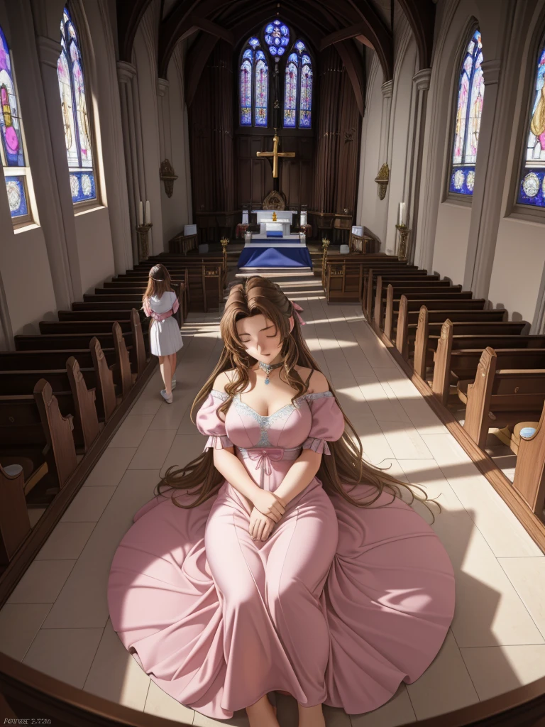 (highest quality,4k,8K,High resolution,masterpiece:1.2),Super detailed,(realistic,photorealistic,photo-realistic:1.37),, ((Little Aerith Gainsbourg)), choker, cropped jacket, hair ribbon, bracelet, pink dress, ((inside the church, A woman lies peacefully sleeping in the chapel.)), Decorate many beautiful flowers around her body, Funeral scene for the deceased Aerith.、inside the church, Inside the chapel, stained glass window, Composition with light pouring down from the ceiling., A view of her from above