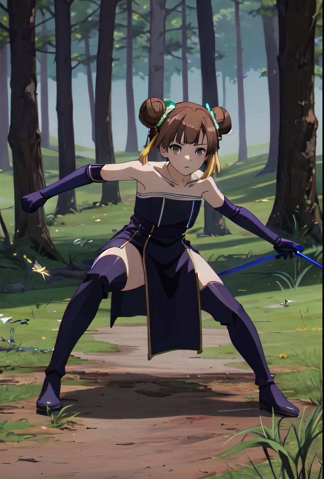 Looking at viewer, solo, anime screencap, score_9, score_8_up, Laufen, 1 girl, brown hair, short hair, double bun, brown eyes, yellow headpiece, black dress, bare shoulders, gloves, pelvis curtain, boots, nature, sunbeams, forest, full body, fighting stance, magic wand, crouching