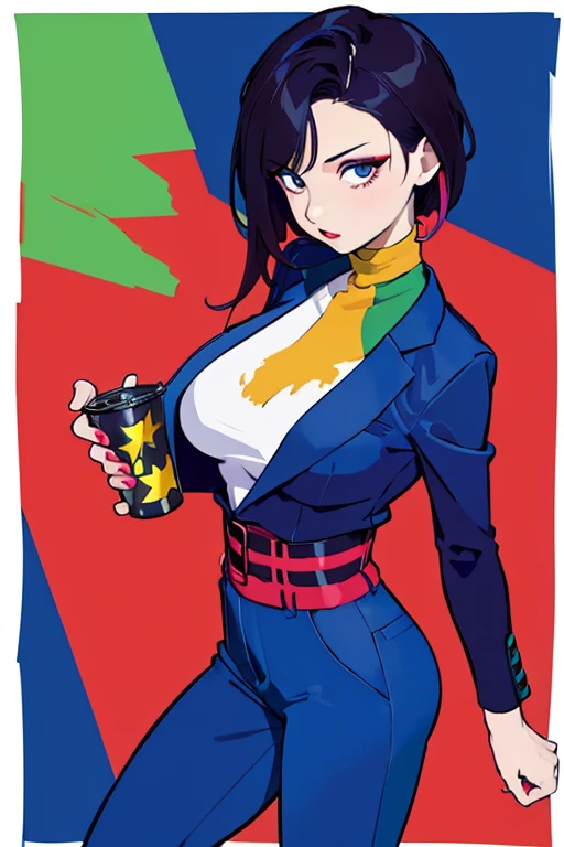(masterpiece, best quality:1.4), (film poster, cover-style), young woman as the central character, sense of danger and intensity, dark and gritty background, The text is bold and attention-grabbing, color palette is mainly dark with splashes of vibrant colors, fashionable, woman, vibrant, outfit, posing, front, colorful, dynamic, background, elements, confident, expression, majestic, modern, trendy, focus, fashion,