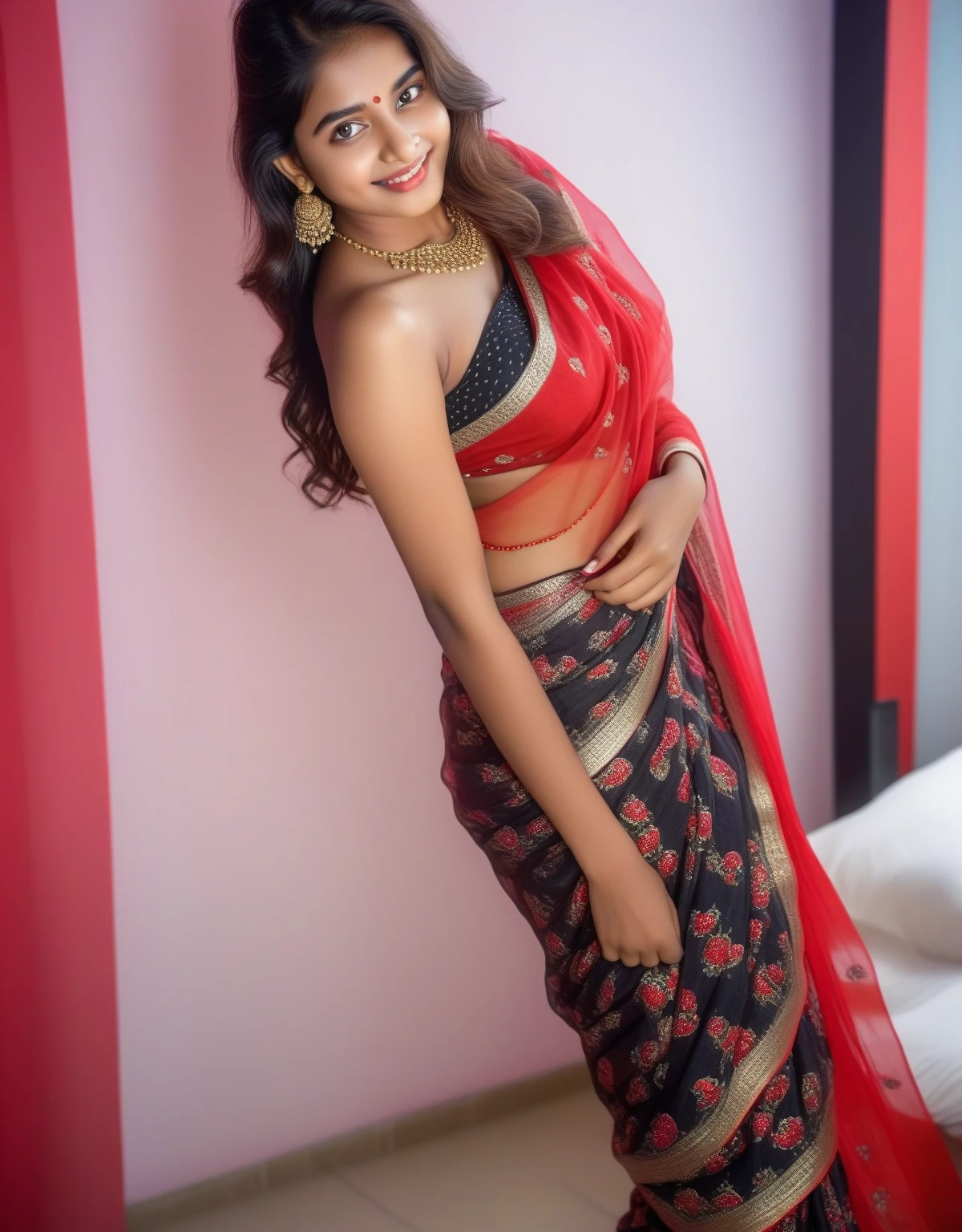 A beautiful indian fair girl 16 years old , perfect body, perfect breasts wearing red and black saree with tube bra, big earrings , nosepin, big beautiful eyes , detailed hyper realistic face smiling with (charismatic face) most beautiful indian girl , vibrant colourful background, magnificent beauty, 8k 4k real image real girl Full face portrait photo of a 16 year-old indian girl, RAW, beautiful woman, semi-open strawberry lips, dimples, wistful look, (extra long wavy brown hair), ((detailed face)), ((detailed facial features)), (finely detailed skin), pale skin, (deep neckline detailed dress), (cool colors), (masterpiece) (perfect proportion)(realistic photo)(best quality) (detailed) shot on a Canon EOS R5, 50mm lens, F/2.8, HDR, (8k) (wallpaper) (cinematic lighting) (dramatic lighting) (sharp focus) (intricate),RAW photo, posing for camera, 8k uhd, dslr, high quality, grain film, Fujifilm XT3