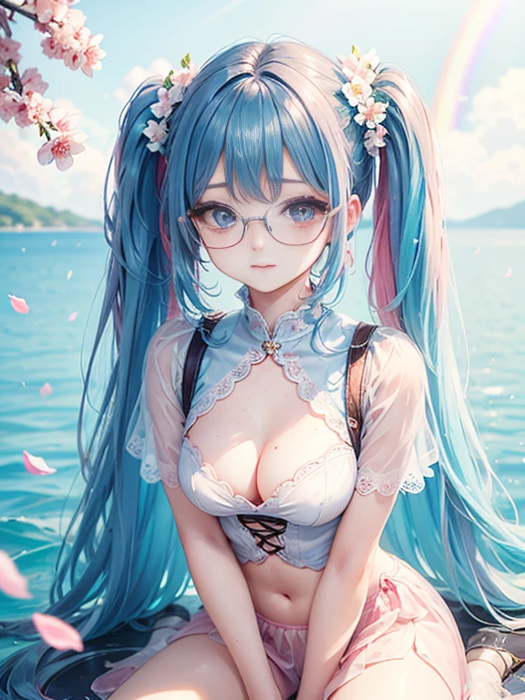 (masterpiece:1.2), (highest quality:1.2),, Curvy but slender body, perfect eyes, perfect face, perfect lighting, 1 girl,(rainbow colored hair, colorful hair, Half blue、half pink hair: 1.2),  cherry blossoms、 Glasses、（Cute floral shirt），（whole bodyが見える），（painted on steel、Transparent sexy clothes、polka dots、lace skirt），curly hair, Clothes with short sleeves, 、In the sea、on the boat、, compensate, eye shadow, small breasts、thick eyelashes, fantasy, looking at the viewer, whole body，alice in wonderland、blue sky、Bright and beautiful face、young shiny glossy white shiny skin、the best beauty、the most beautiful in the world、thin hair、long hair、Shining beautiful bangs、big shining blue eyes、very beautiful and nice, the most beautiful girl in the world、twin tails、Glasses、a disappointed face、Waiting for a kiss、smile