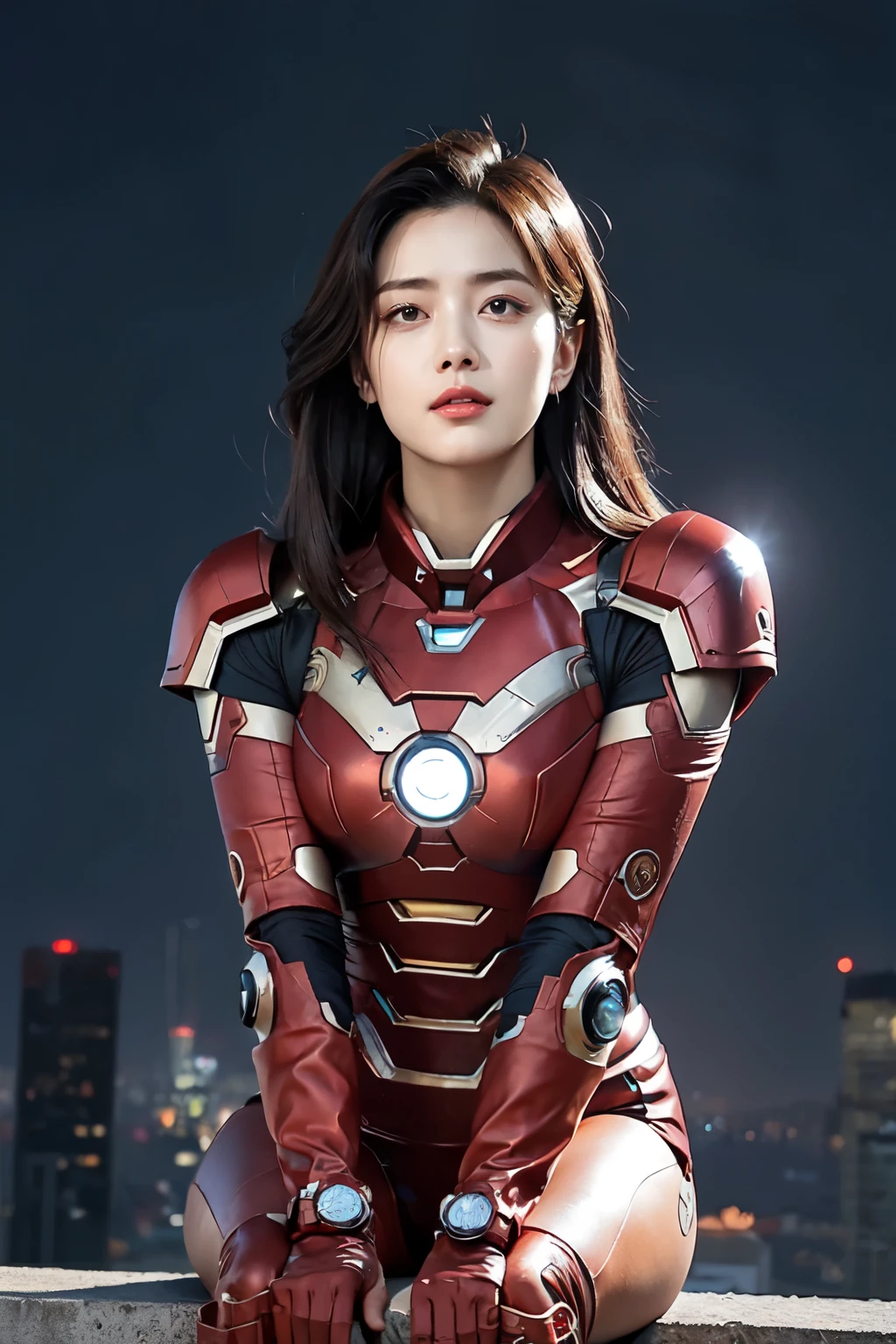 (best quality,ultra-detailed,realistic:1.37), digital illustration, ( woman wearing a ironman costume), detailed eyes and face, beautiful detailed lips, red lips, sexy body, big breasts,long eyelashes, big breasts:1.5, Close-up photo,  woman wearing a ironman costume, long hair, ((Take a photo from below the thigh)),vibrant colors, dramatic lighting, comic book style,  woman wearing a ironman costume, position:sitting, seductive pose, skyscraper background, view dark sky, tall buildings