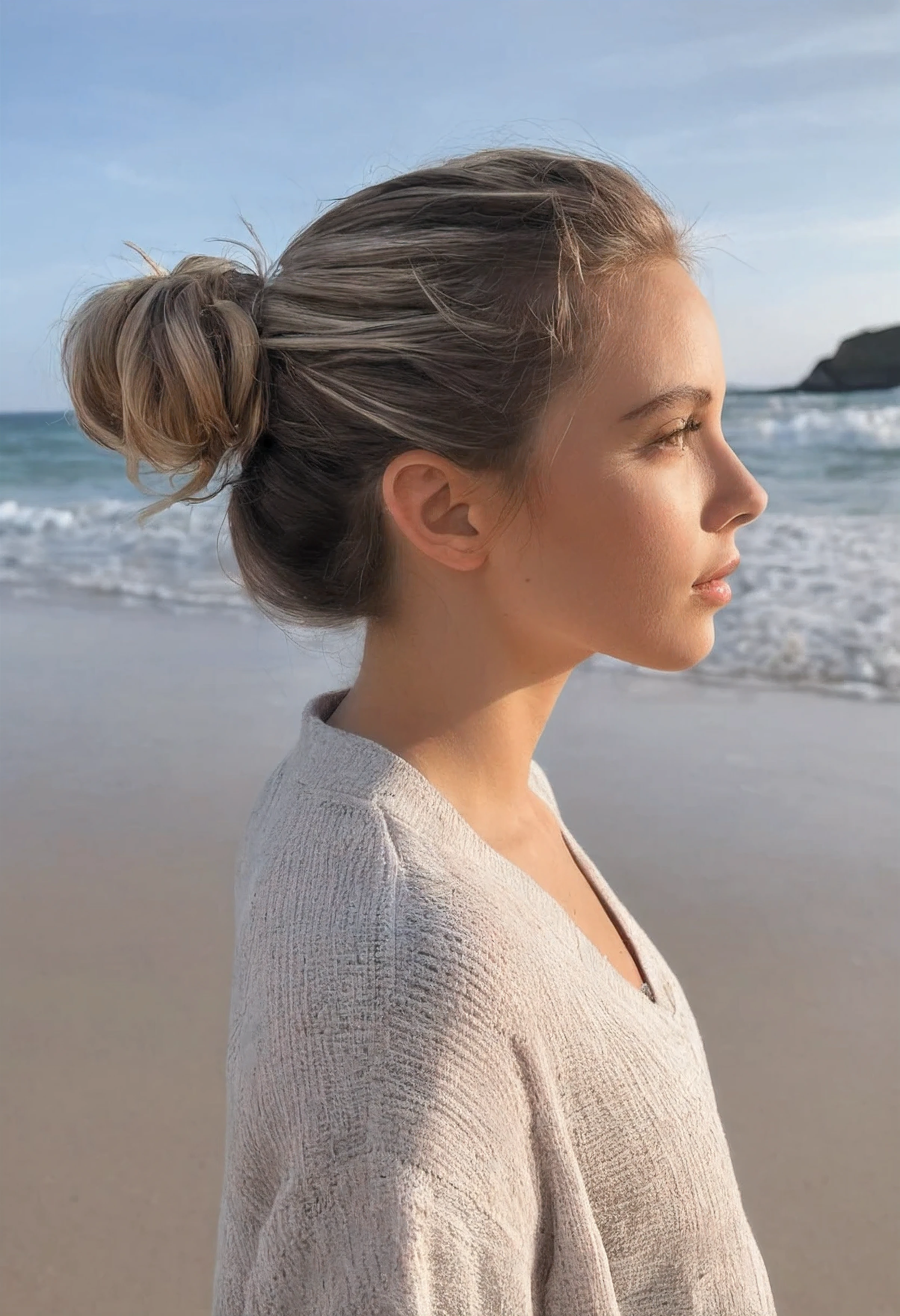 A beatiful girl, messy bun brown with blonde highlights hairstyle, casually standing, beach outdoor background, 13K