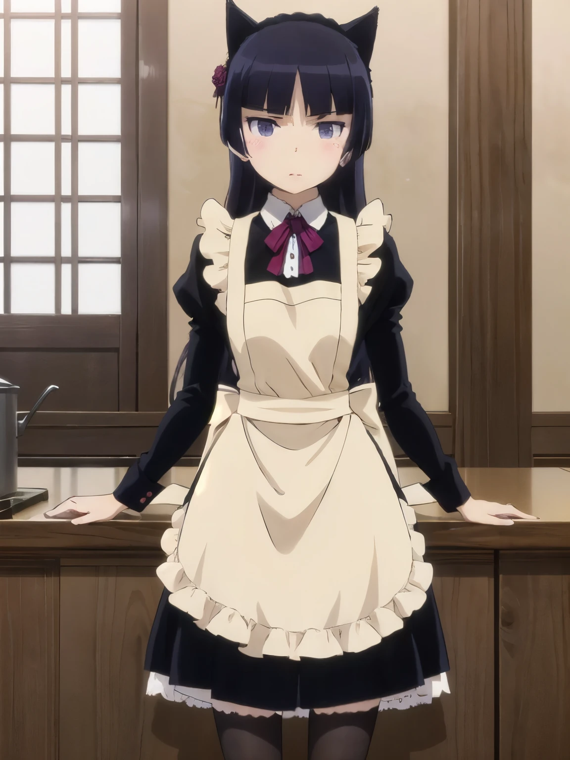 UHD, high details, (Ruri Gokou), 1 girl, long hair, hime cut, Maid clothes, Cat ear, Black tail, anime style, (apron skirt), midi skirt, stockings, Different world, old castle, middle ages,