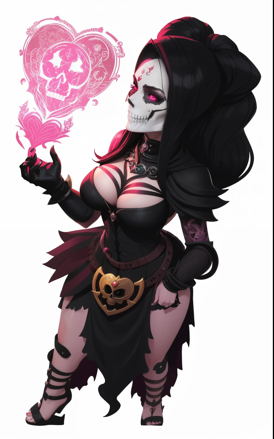 a drawing of a woman with a skull face holding a pink heart, garota necromante ciborgue sagrada, skulls on their hips, commission for high resolution, Rainha Esqueleto Santa, linda garota necromante, necromancer sorceress, pose de corpo inteiro de feiticeira negra, 6 Billion Demons Style, estilo de arte original de Heartstone, necromante feminina