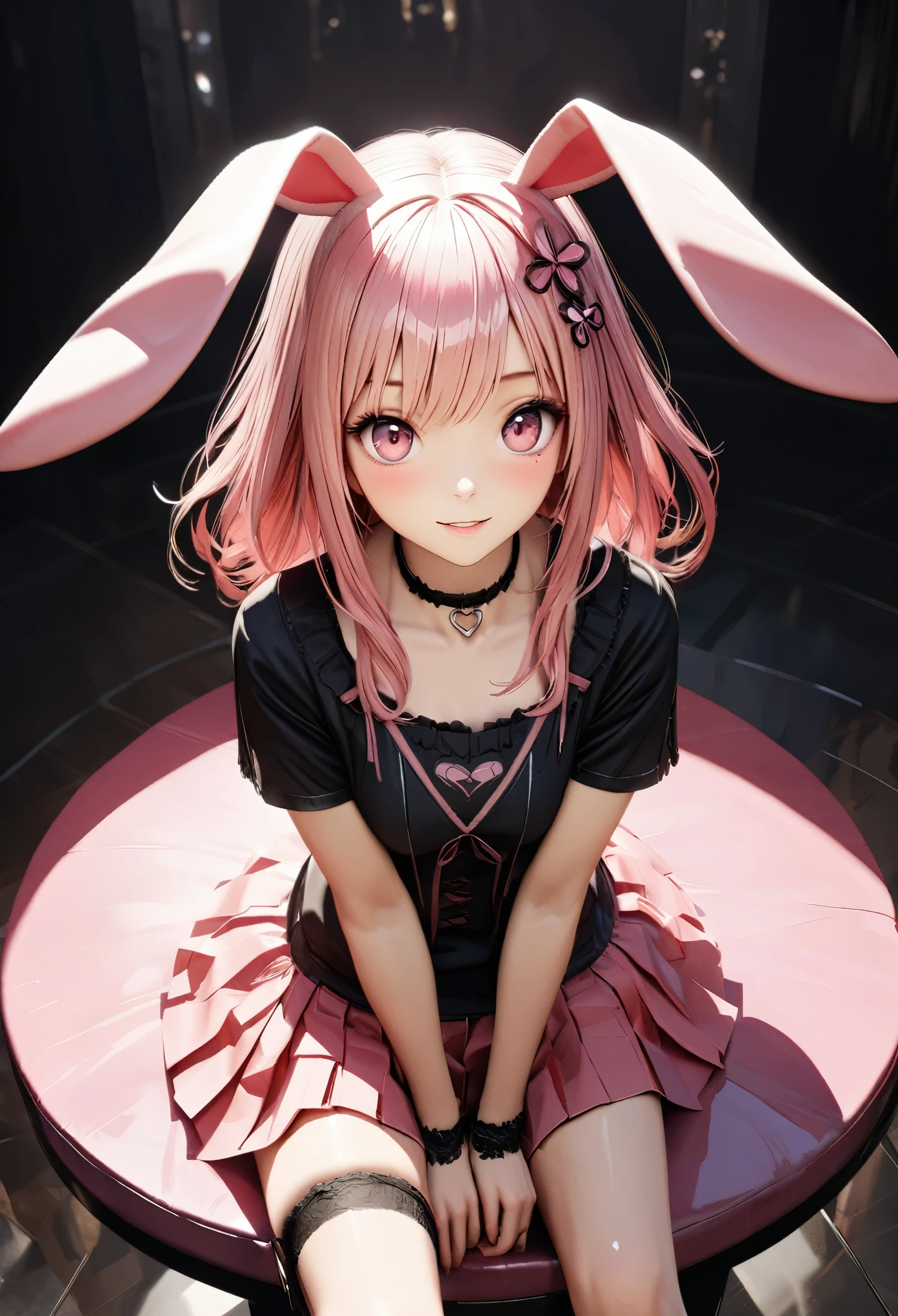 highest quality, highest quality, Super detailed, high resolution, High resolution, HDR, 4k, 8K, unity 8k wallpaper, Detailed CG, masterpiece, realistic, photorealistic, 2D, 3D, beautiful details, depth, fine texture , super fine: 1.3, Fully focused, crispy skin, he,
Very cute anime girl with medium long pink hair ,black jumper,pink pleated mini skirt,knee high boots, Like a doll, smile,solo girl,he女の名前はリコウサです, alone, pink hair, animal ears, mole under the eyes, looking at the viewer, blush, mole, rabbit ears, parted lips, hair piece, heart, pink eyes, choker