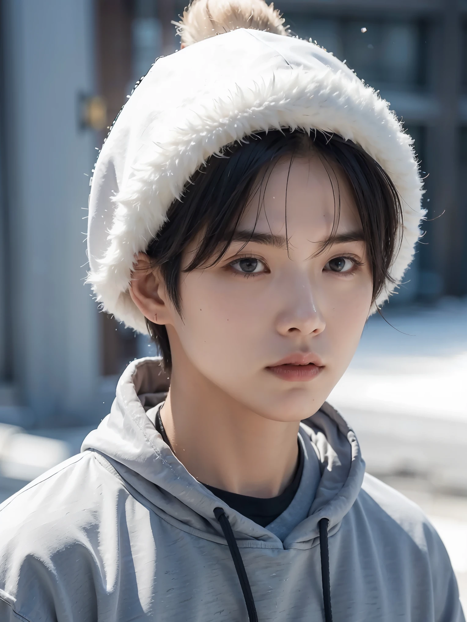 A man in a sweatshirt, standing in the snow, with a straight face, close-up, inspired by Cai Xukun, Shin Jinying, Cheng Yanjun, Ruan Jian, Bian Luan, Jia Ruian